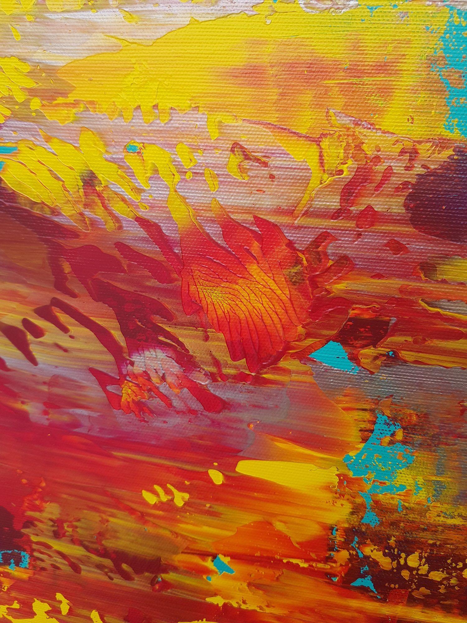 Une peinture abstraite originale en diptyque colorée inspirée par les vibrations des Caraïbes.    Texture profonde et multiples couches d'acryliques riches en pigments.  Des couleurs vives et éclatantes en contraste avec Tintin d'argent. La peinture