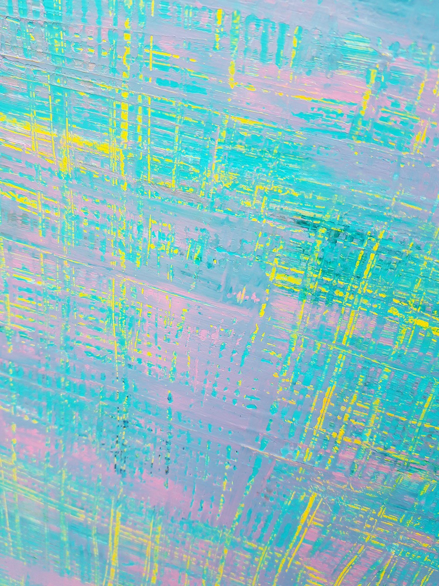 Una original pintura abstracta a espátula de colores con una textura suave.  Múltiples capas de acrílicos profesionales de rica pigmentación.  Verde menta, amarillo, rosa, morado claro con un toque de plata.  Gracias a un trabajo único con un enorme