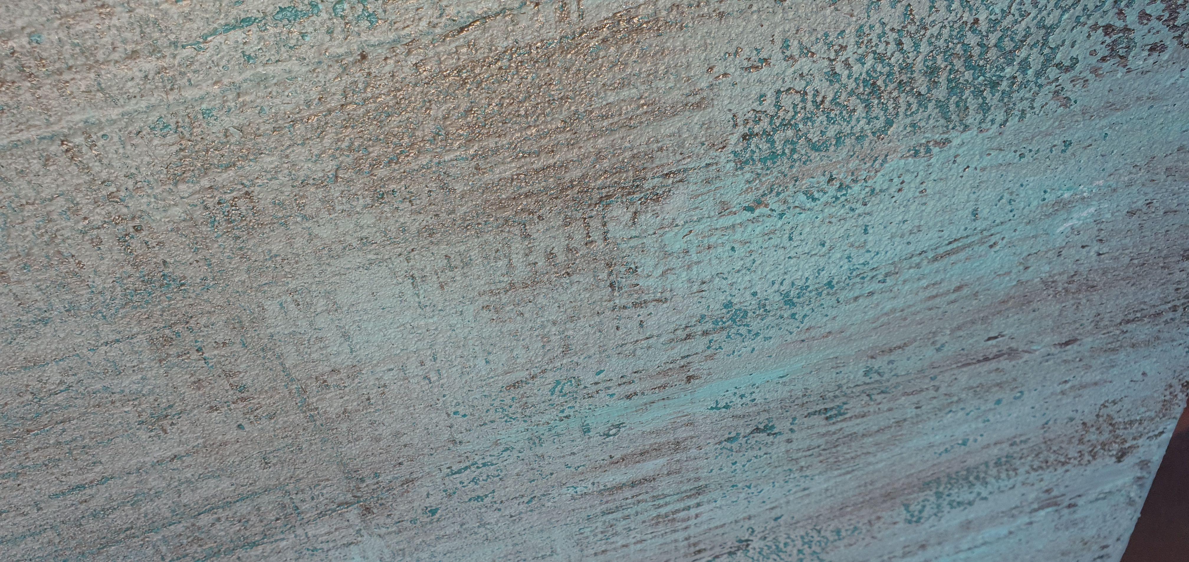 Un dipinto astratto originale con una texture pesante.  Una texture incollata con più strati di acrilici professionali su tela tesa protetta con vernice.  Sfumature di verde menta, blu con bianco, tinta e argento.  Il colore argento arriva in