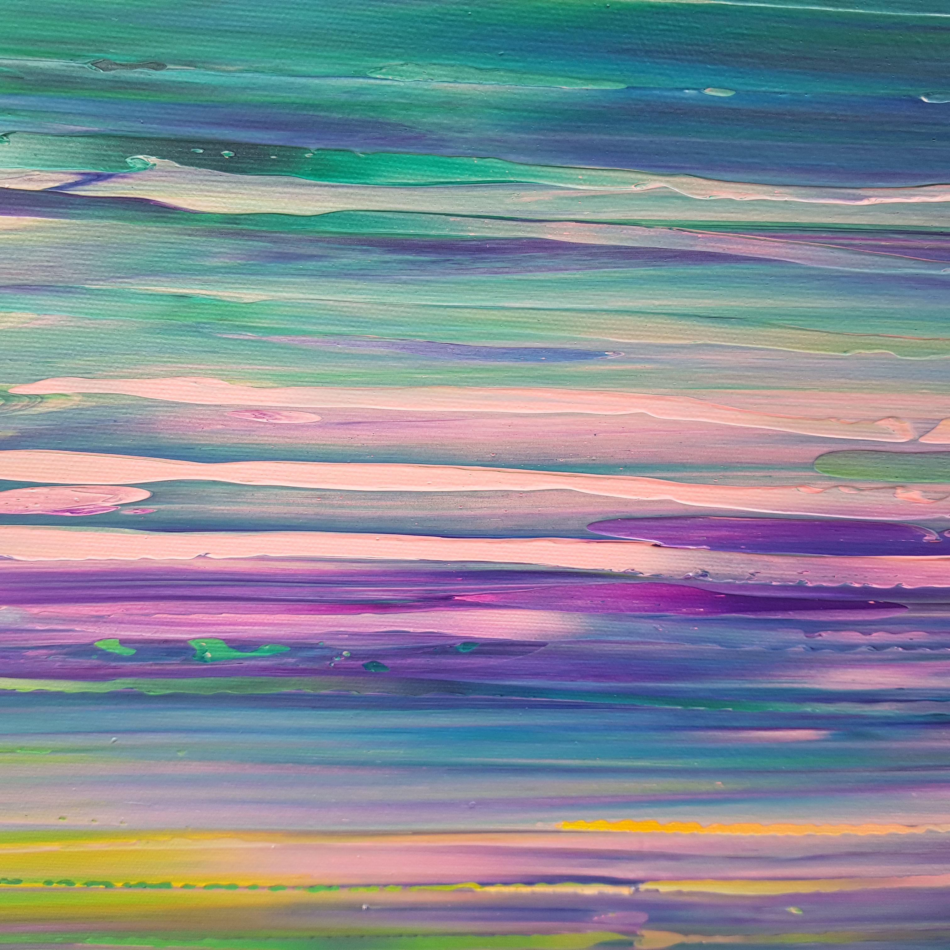 Un'originale pittura astratta a spatola colorata con spessi strati di colori.    Strati multipli di acrilici professionali ricchi di pigmenti.  Grazie a un lavoro unico con un enorme coltello da pallet, gli artisti creano una superficie simile a una