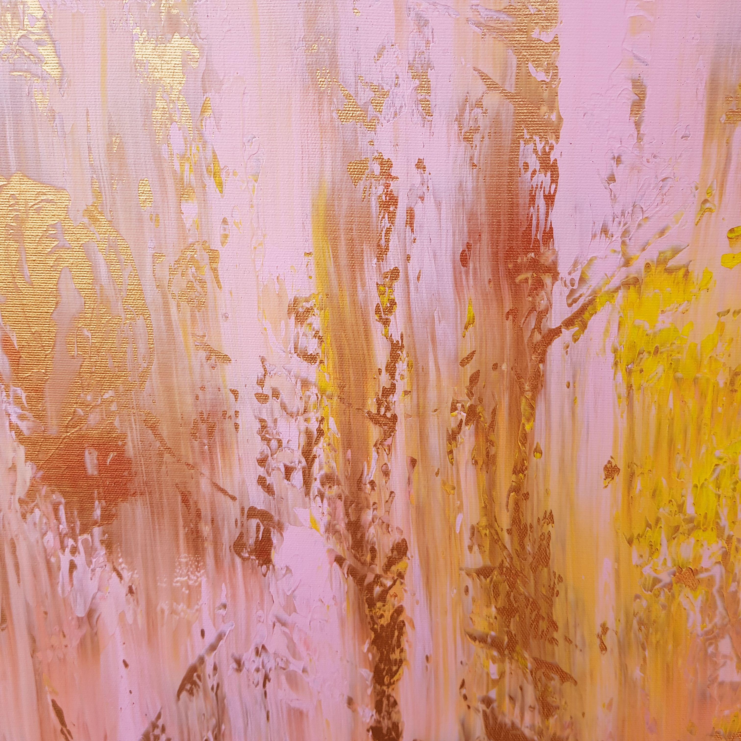 An original one-of-kind multilayer palette knife abstract painting with a gentle texture.    Shades of pink, and yellow with golden and copper color.  Inspired by love and roses.  What may look as brown in the main picture is copper and deep gold. 