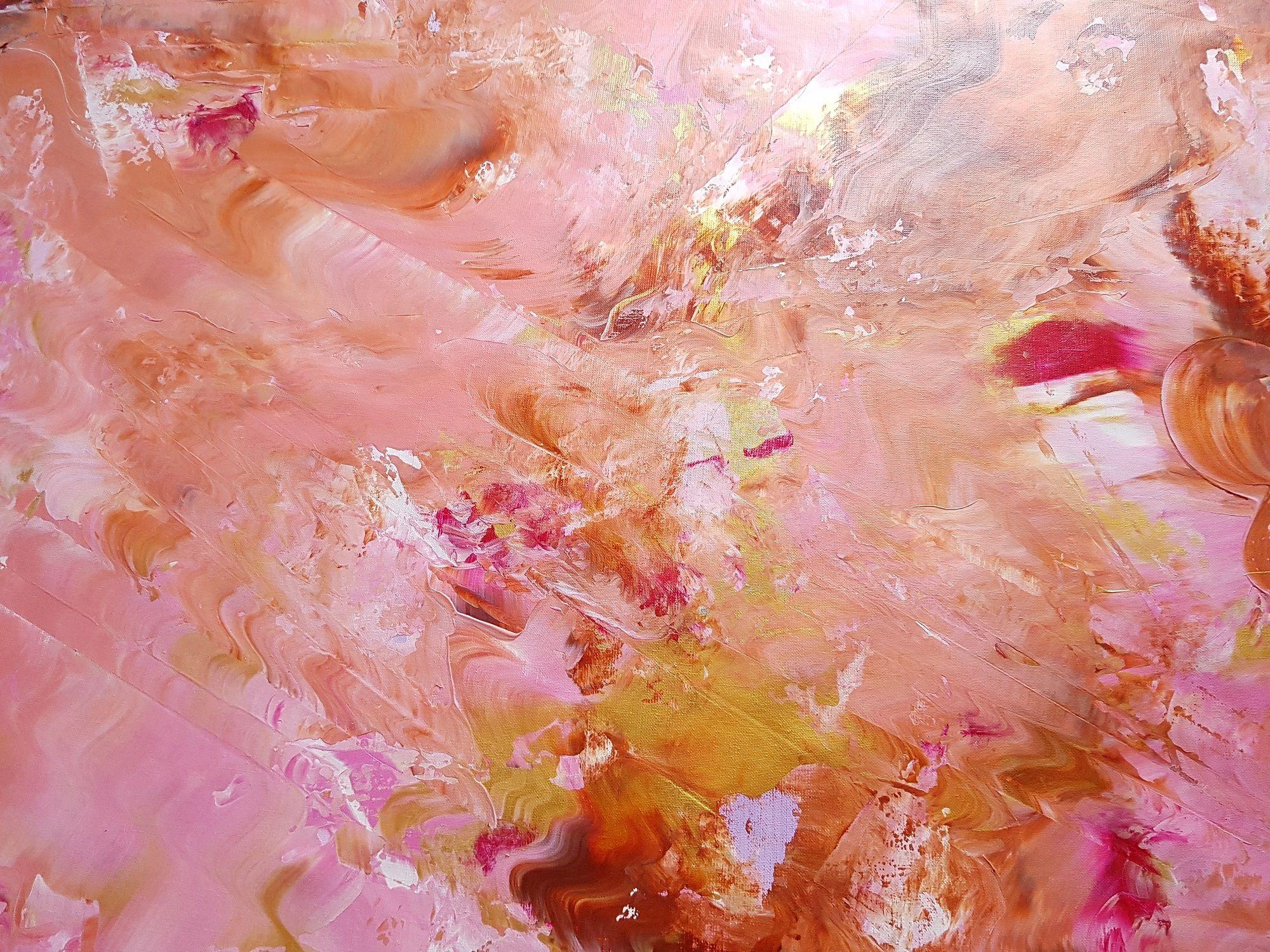 An original one of kind multilayer palette knife abstract painting.    Warm and earthy colors full of details and movement.    Shades of pink, light purple, burnt sienna with a touch of golden color.   Golden details shine beautifully as the light