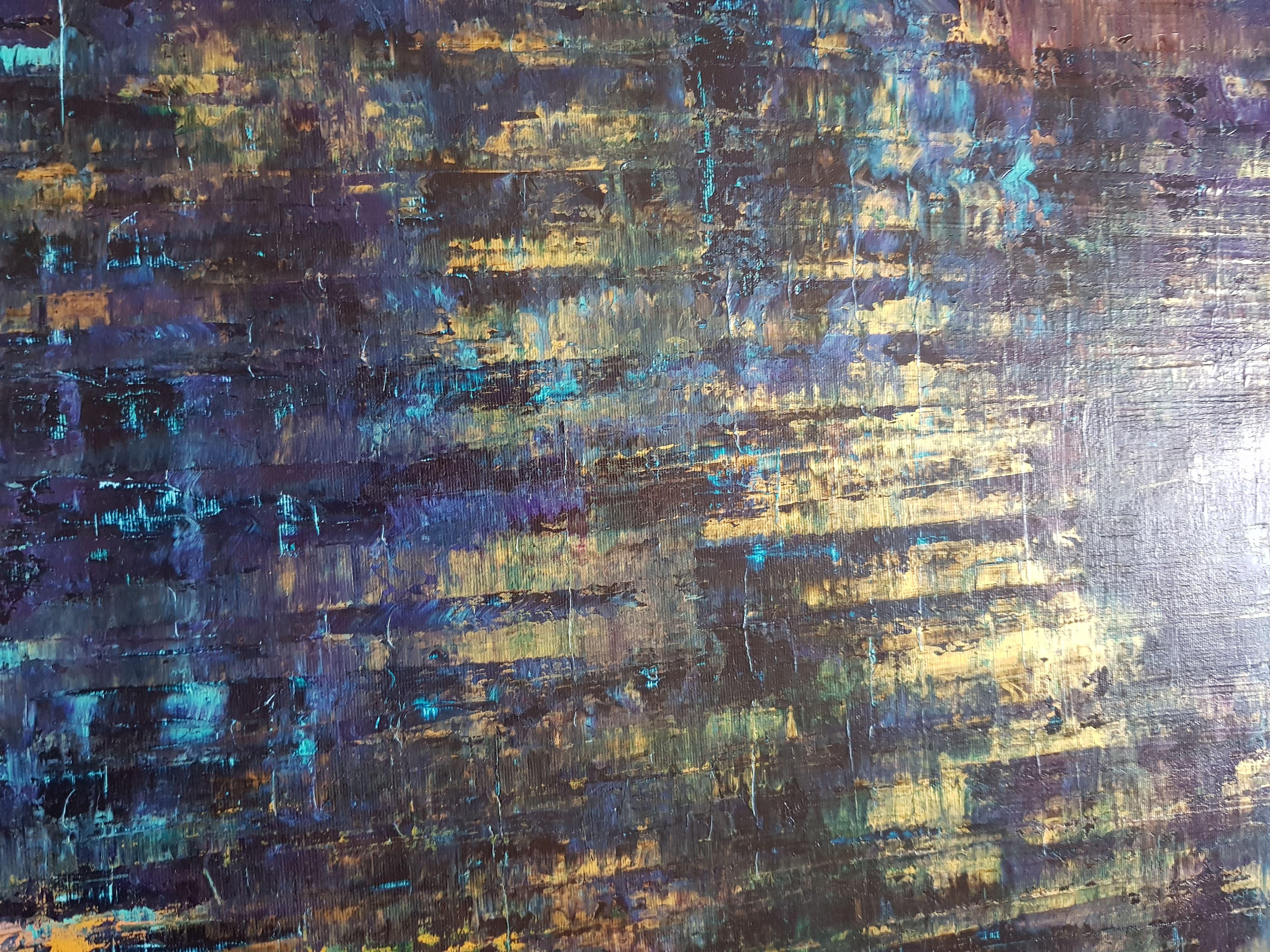 An original extra-large abstract landscape with a gentle texture.  Inspired by moonlight reflection on the pond, water lilies, a calm and peaceful evening.    Shades of blue, green, purple, orange, and pink with metallic golden change the look of