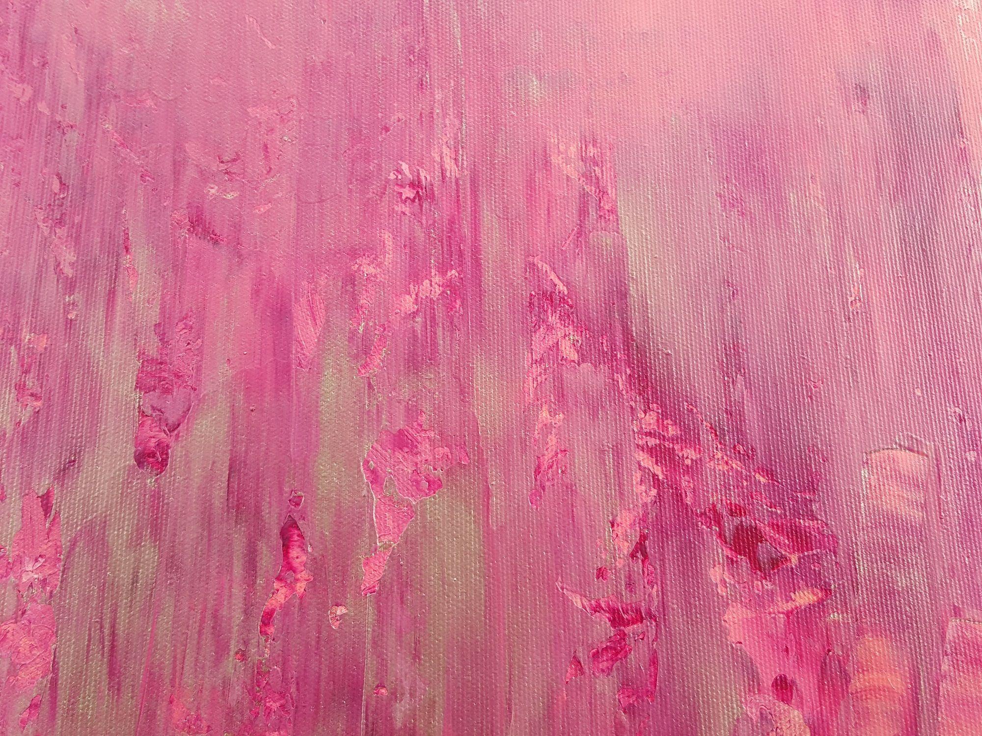 An original one of kind abstract painting with a gentle texture.    Shades of pink and purple-red with silver color.  The painting gives a sense of freshness and freedom and it will certainly brighten up even the darkest room.  It looks nice hanged