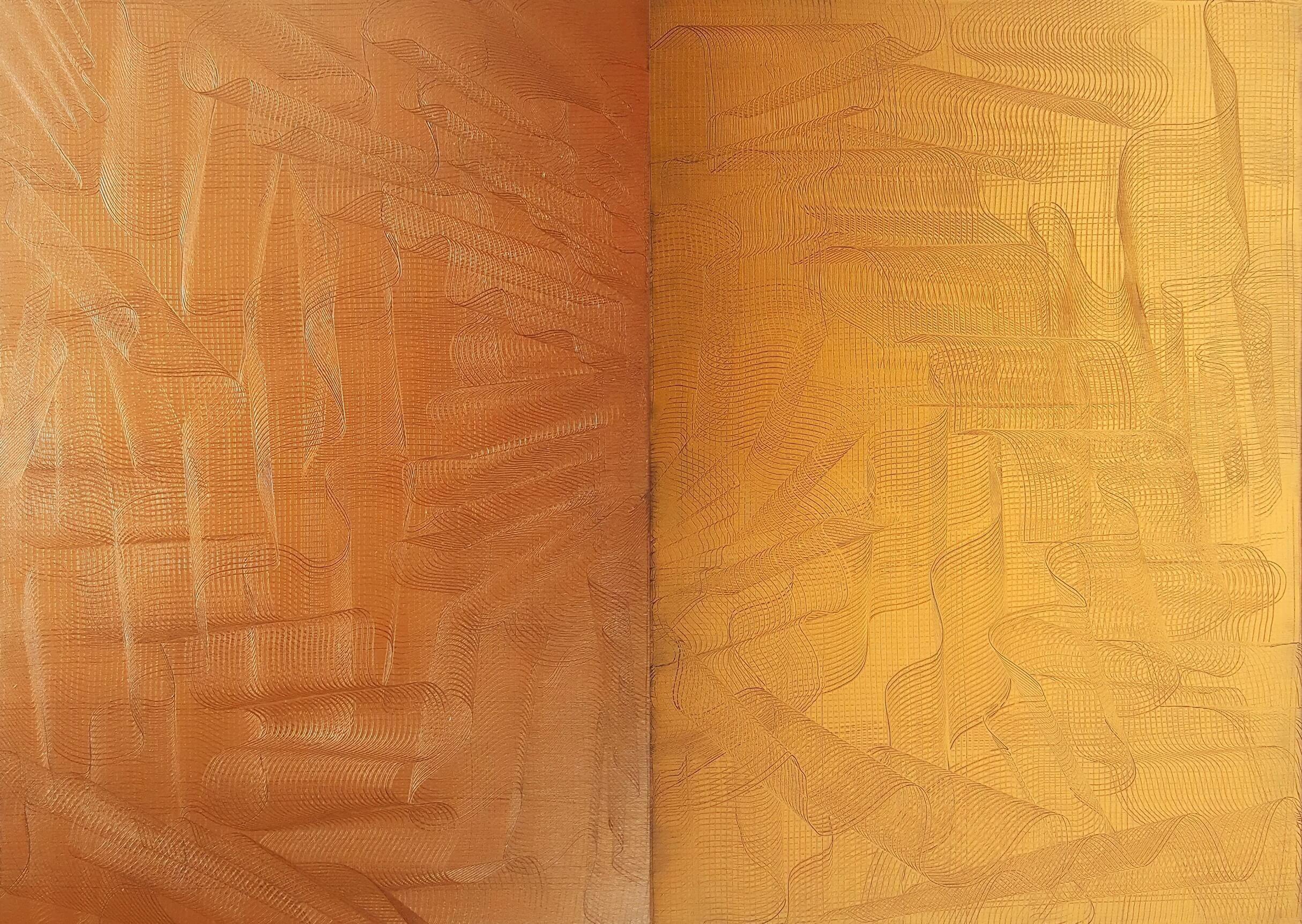 Ivana Olbricht Abstract Painting - Gentle touch - diptych golden and bronze abstract, Painting, Acrylic on Canvas