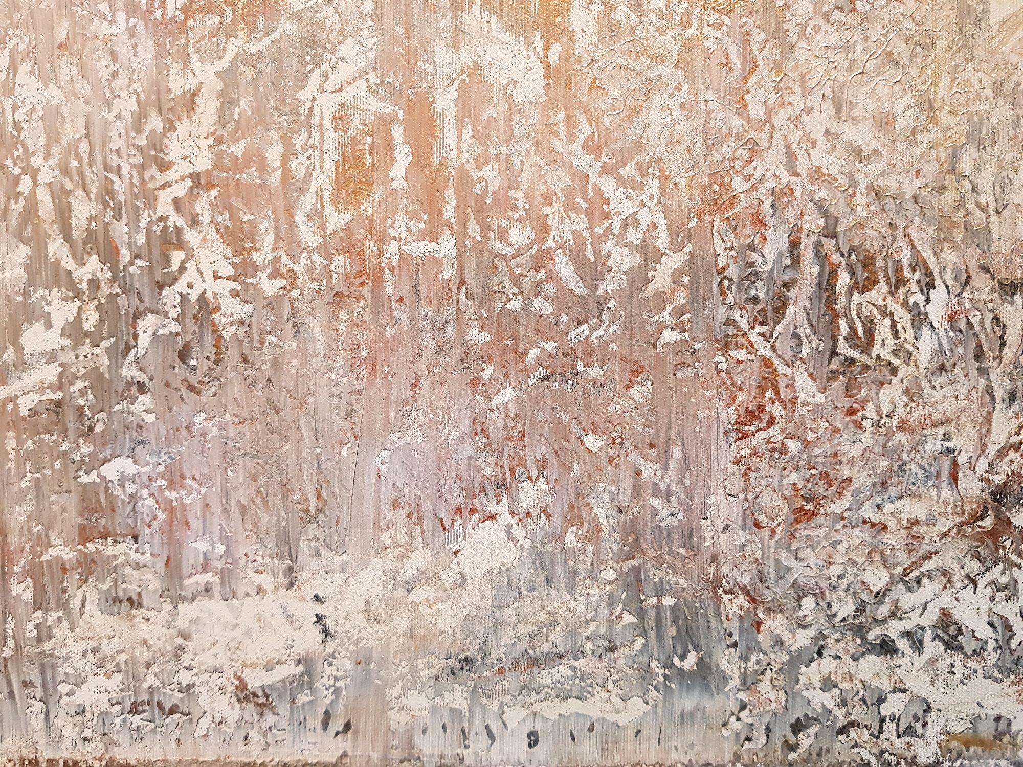 An original one of a kind winter abstract landscape with a gentle texture.  Neutral earthy- toned colors - golden, anthracite black, copper, white.    The painting is finished by applying a thin transparent golden layer.    Due to the unique