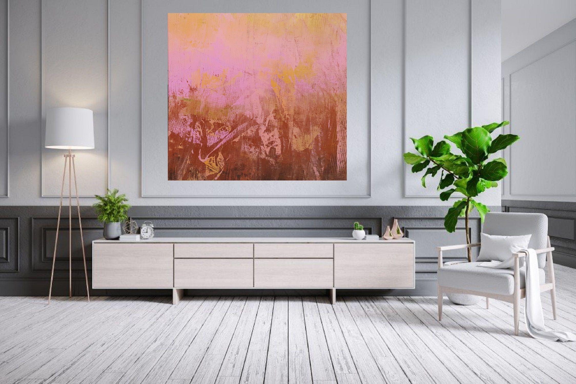 Une peinture abstraite originale, unique en son genre, avec une texture douce.  Les tons de terre (cuivre et doré) contrastent avec les tons vifs de rose et d'orange.    Toile tendue acrylique professionnelle.  Prêt à être accroché.  La peinture