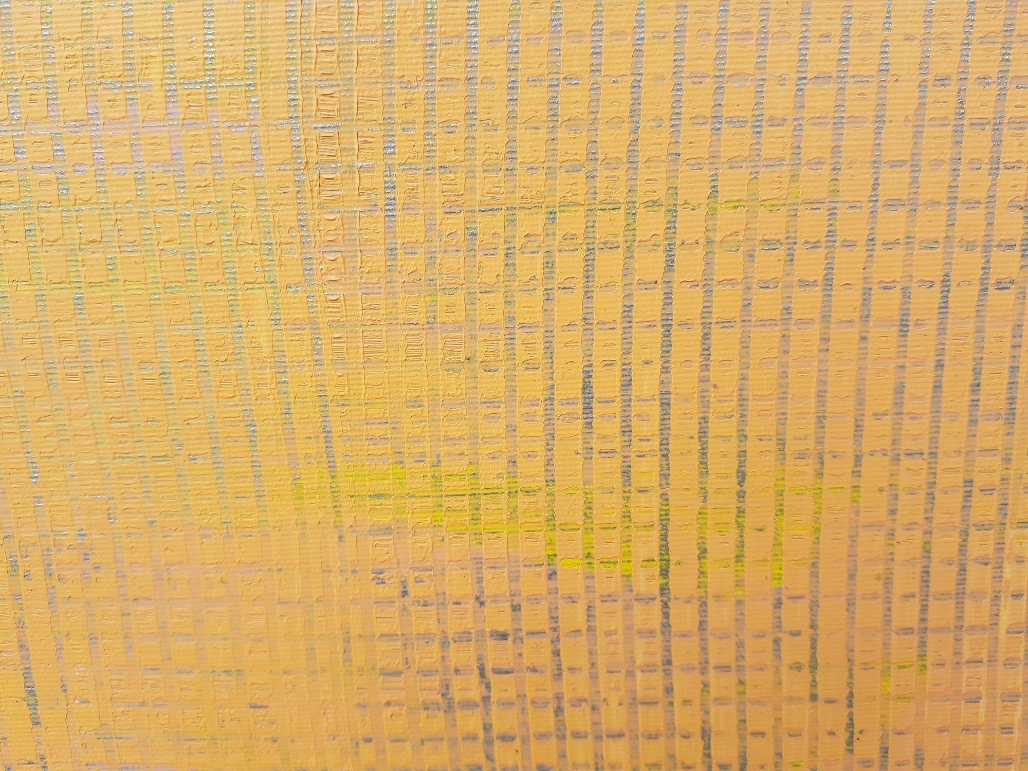 An original one-of-a-kind textured abstract painting.    Minimalistic yet powerful and full of details.    The primary colors are shades of muted light orange and yellow. My signature techniques create a broken surface which allows the silver