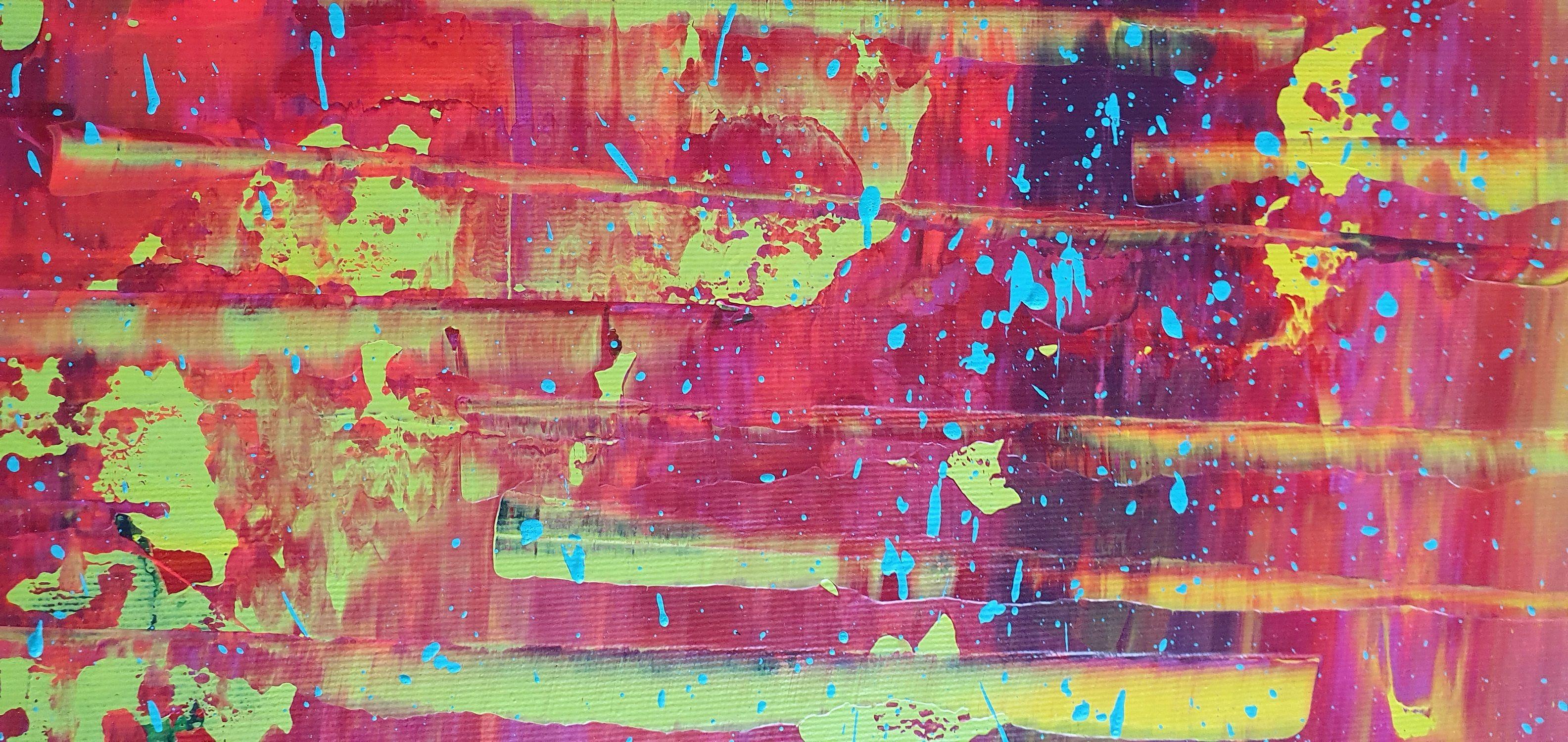 Un dipinto astratto espressionista originale e unico nel suo genere.  Emotiva e spontanea, l'opera d'arte gioiosa respira positività, calore, energia e passione.    Strati su strati di acrilici professionali ricchi di pigmenti su tela con triplo