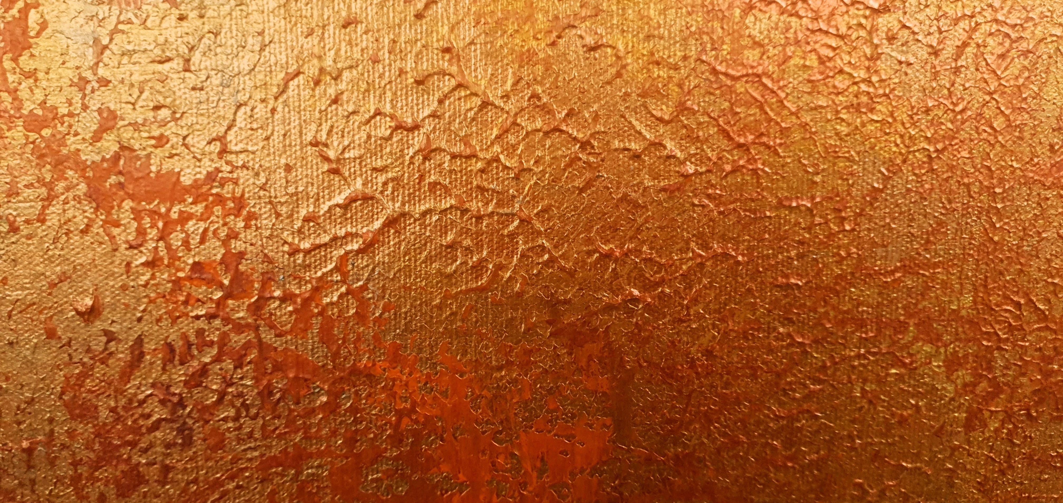 An original one-of-a-kind winter abstract landscape with a deep texture.  Inspired by November, fallen leaves, and autumn colors of the surrounding forests, early evenings, and golden sunset.    Neutral earthy-toned colors - golden, copper, bronze