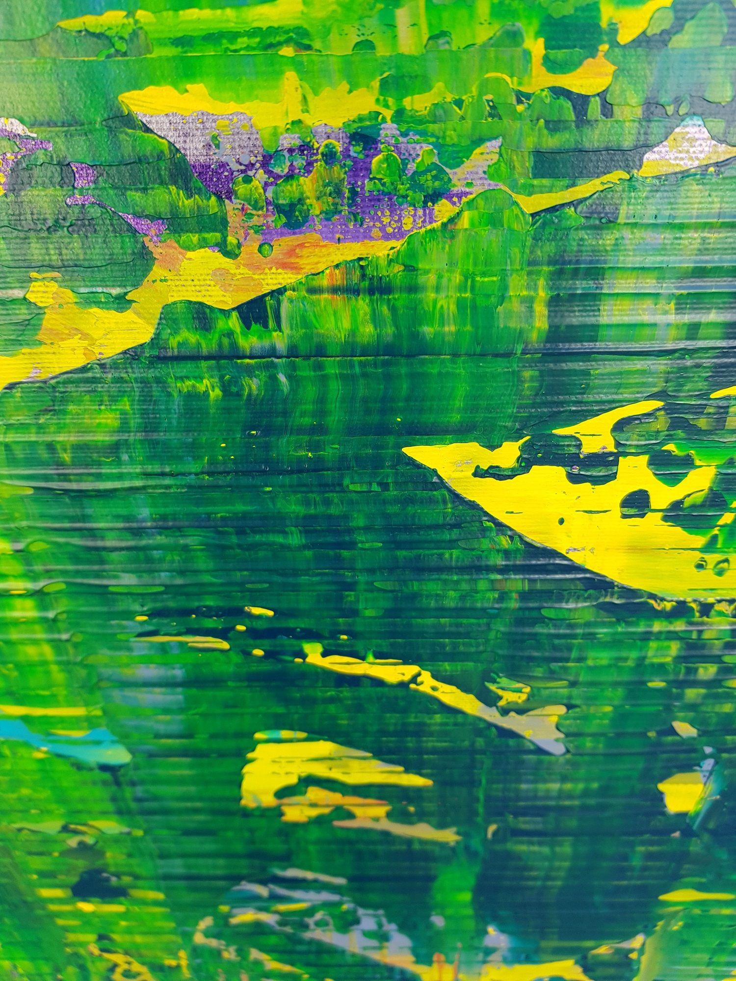 An original one-of-a-kind textured abstract painting with a gentle texture    Shades of green, blue, and yellow.    Artist's signature techniques create a broken surface which allows background colors comes to the surface.  You can literally feel