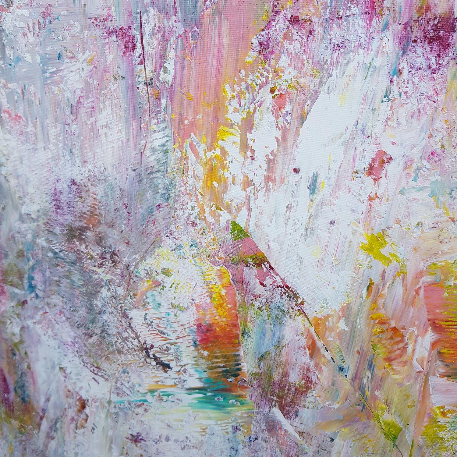   Un dipinto astratto colorato e originale, unico nel suo genere, con una texture delicata.  Ispirato da paesaggi estivi, prati, fiori, lunghe giornate di sole, danza notturna e musica.    Strati multipli di acrilici professionali su tela tesa.  La
