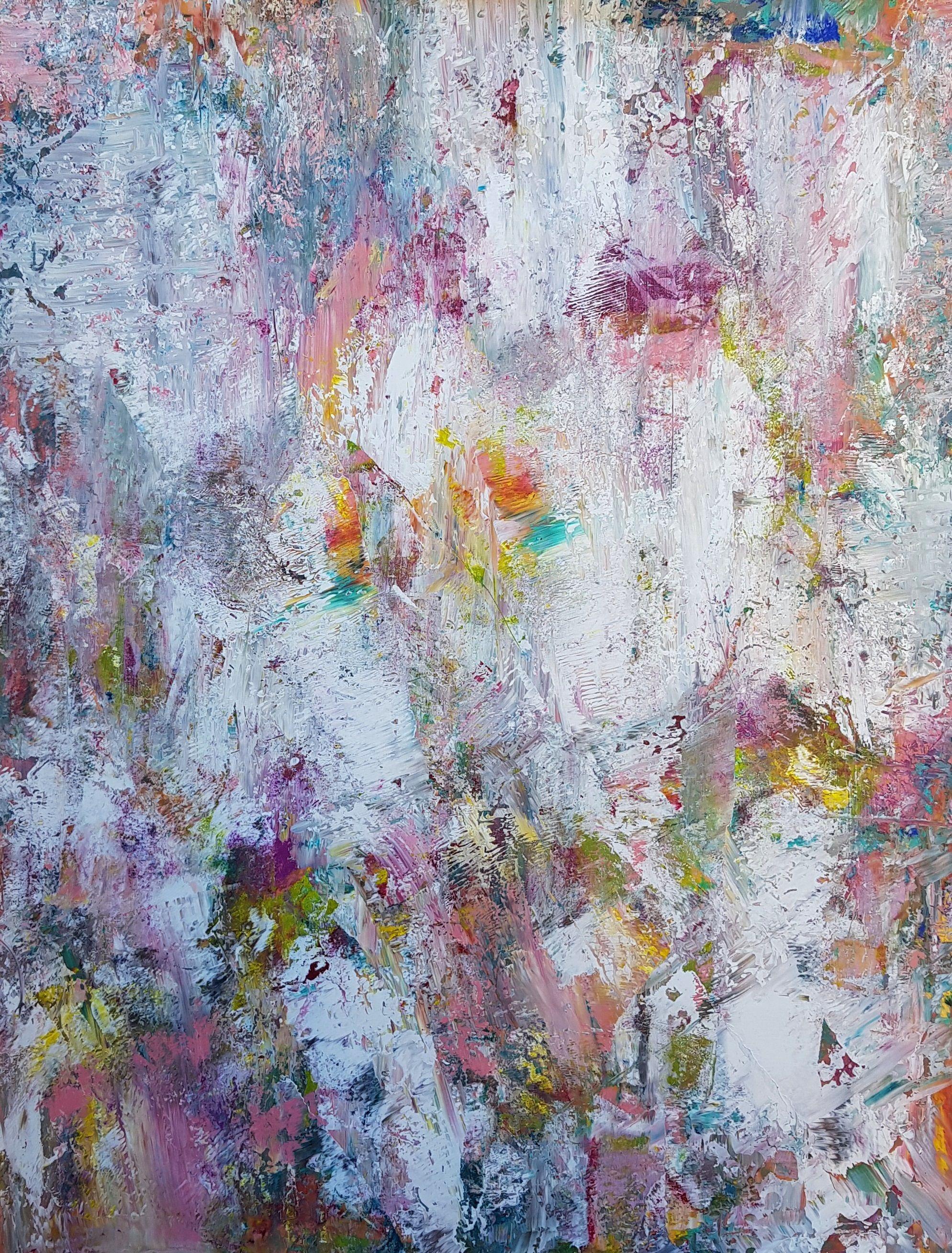   An original one-of-a-kind colorful abstract painting with a gentle texture.  Inspired by summer landscapes, meadows, flowers, long sunny days, night dance, and music.    Multiple layers of professional acrylics on stretched canvas.  Artist's