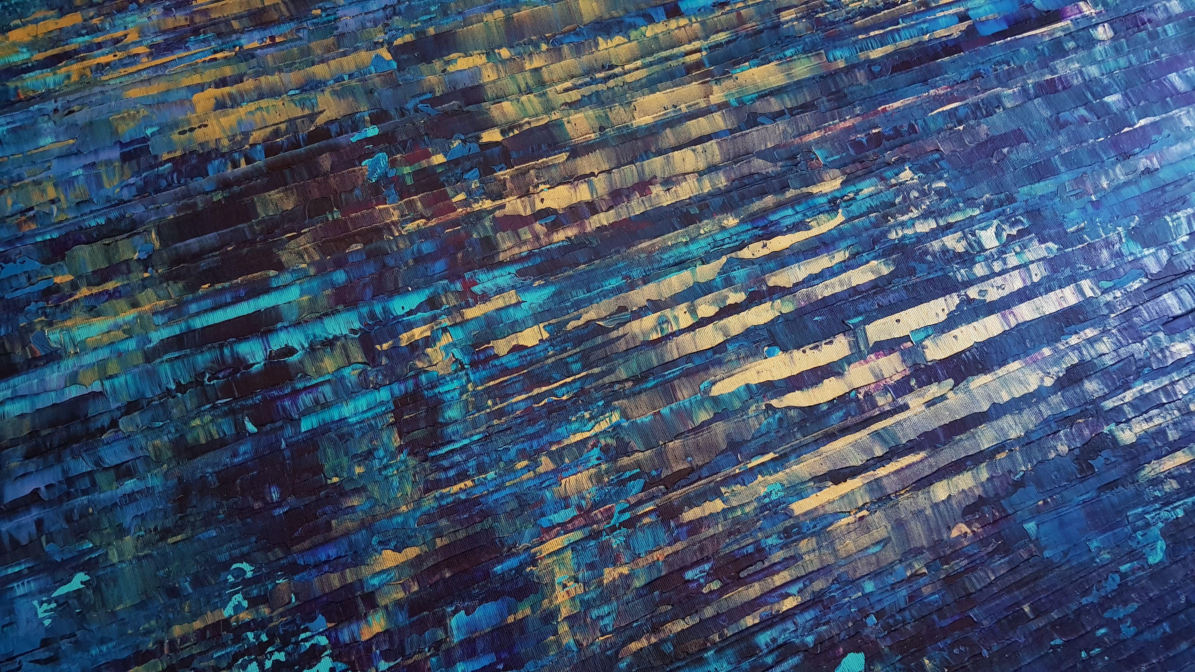 An original abstract painting captures the tranquil beauty of an imaginary midnight sunset over the ocean surface.  The palette knife technique creates a textured and dynamic composition, with shades of blue and hints of golden and purple blending