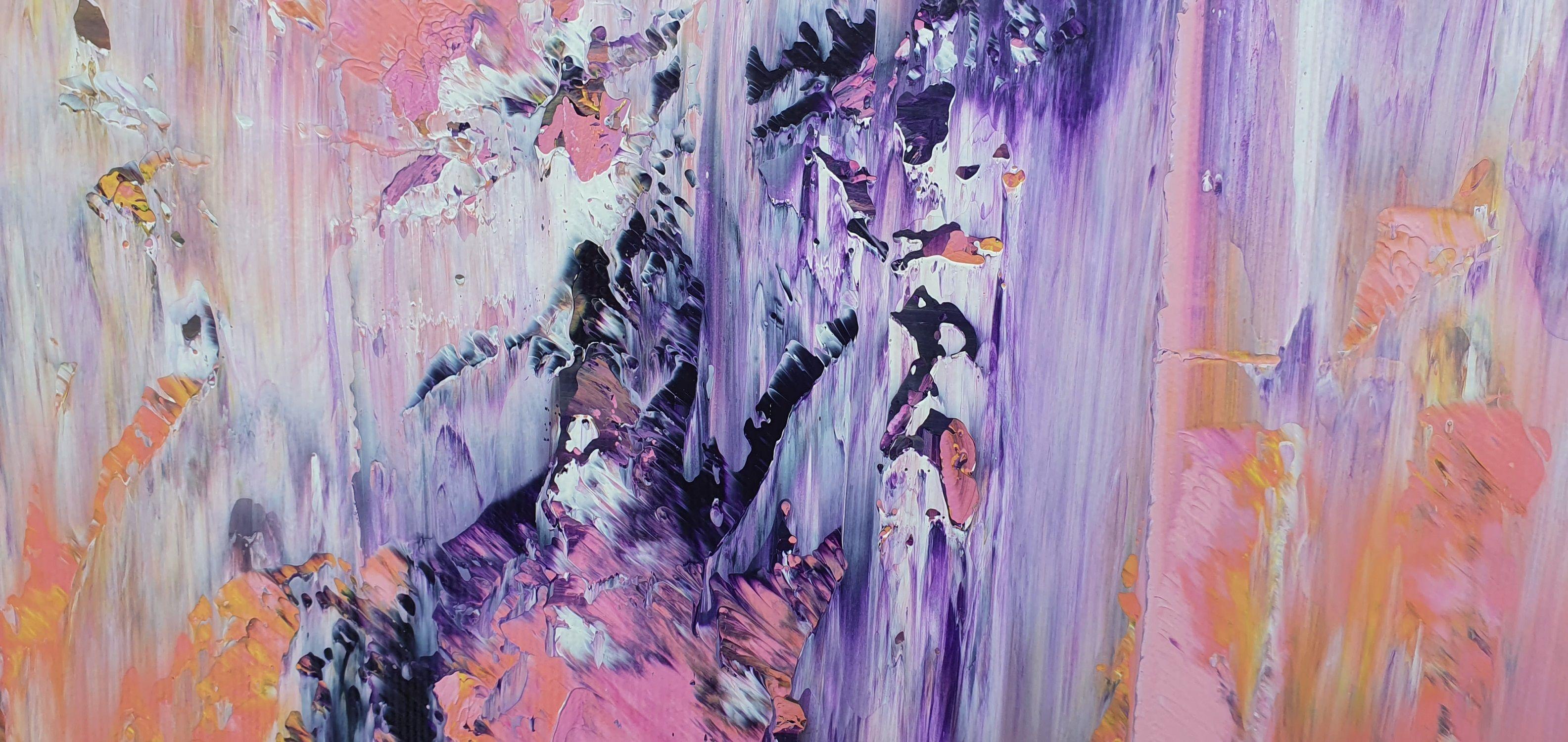 An original one-of-a-kind abstract painting with a gentle texture.  Multiple layers of rich pigmented professional acrylics on stretched canvas.    Full of details and movement.    Shades of purple, pink, magenta, with a touch of golden color.   