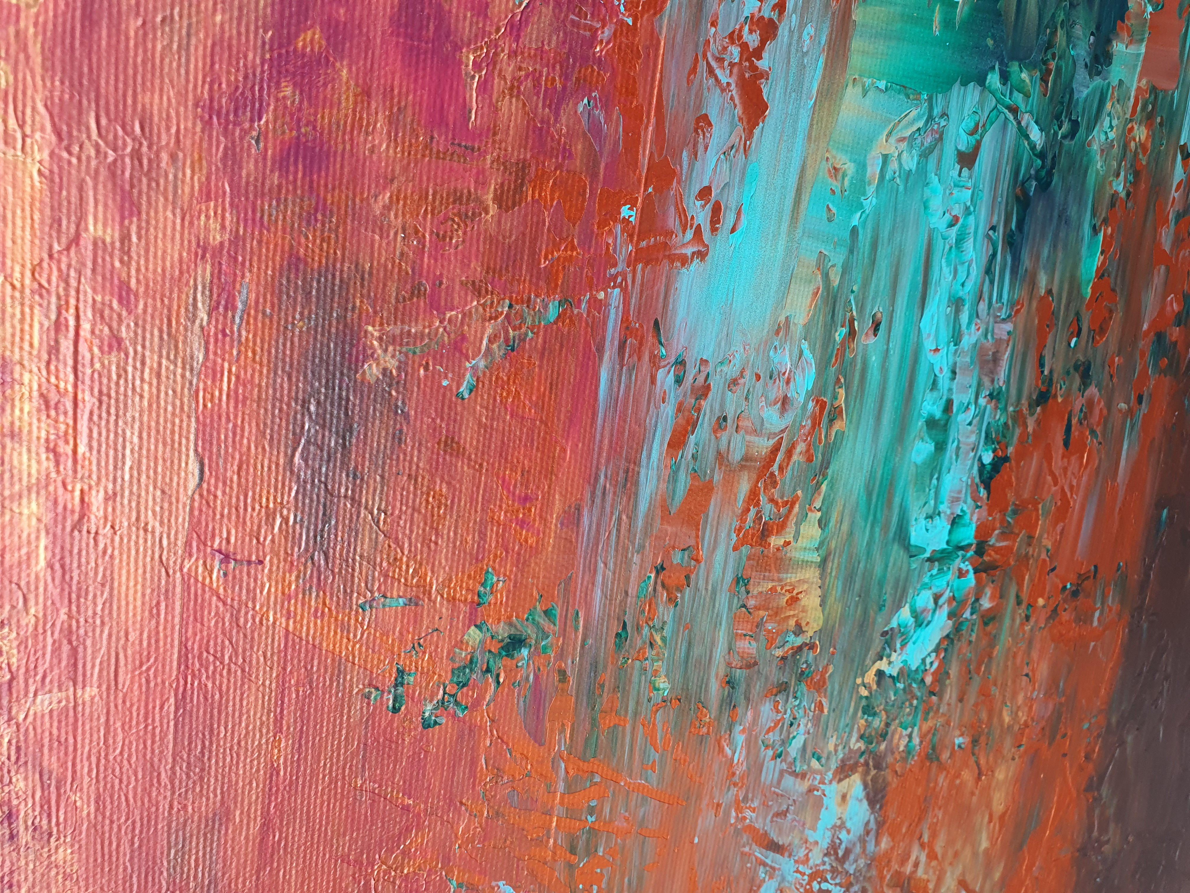 Un originale paesaggio astratto a spatola, unico nel suo genere, con una texture profonda.  Ispirato dalla splendida foresta autunnale e dai rossi tramonti.    Le calde tonalità autunnali con l'oro e il rame risplendono meravigliosamente quando la