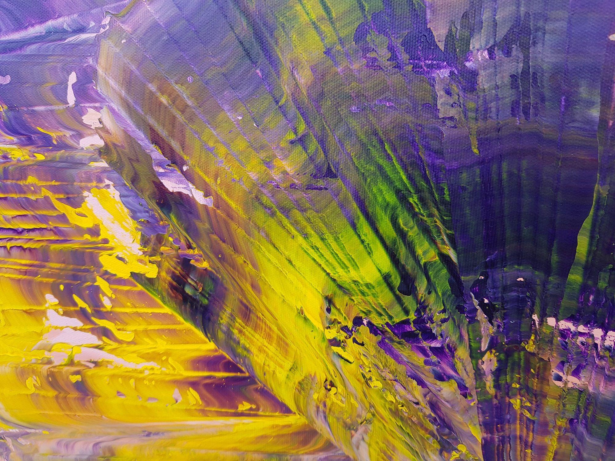 Una original pintura abstracta a espátula de colores.  Inspirado en los colores del cielo y en la paz y la tranquilidad justo antes de que empiece la tormenta.  La paz    Tonos de rosa, morado, amarillo y siena quemado.      Lleno de detalles y