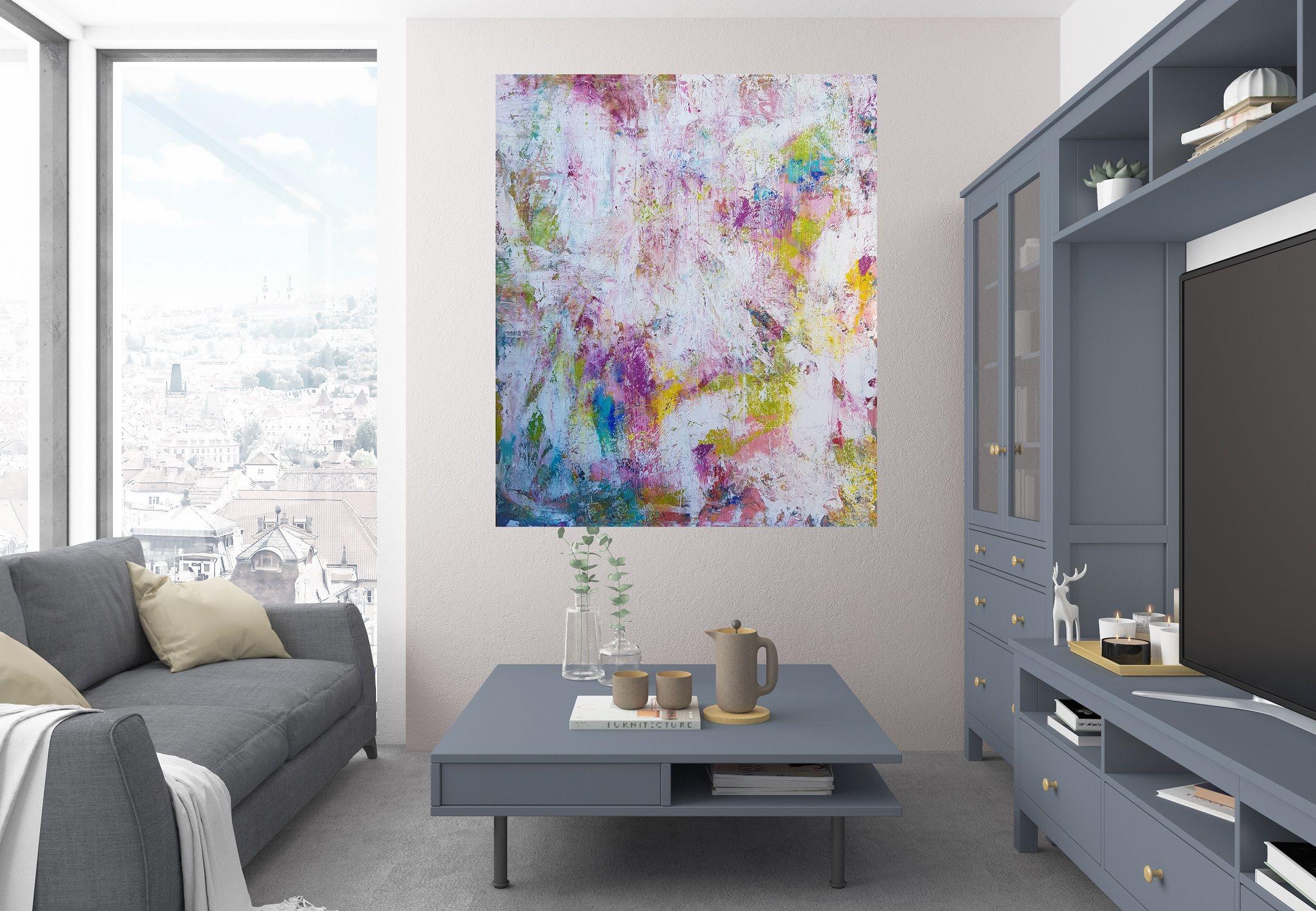 Un dipinto astratto colorato e originale, unico nel suo genere, con una texture delicata.  Ispirato da paesaggi estivi, prati, fiori, lunghe giornate di sole, danza notturna e musica.    Strati multipli di acrilici professionali su tela tesa.  La