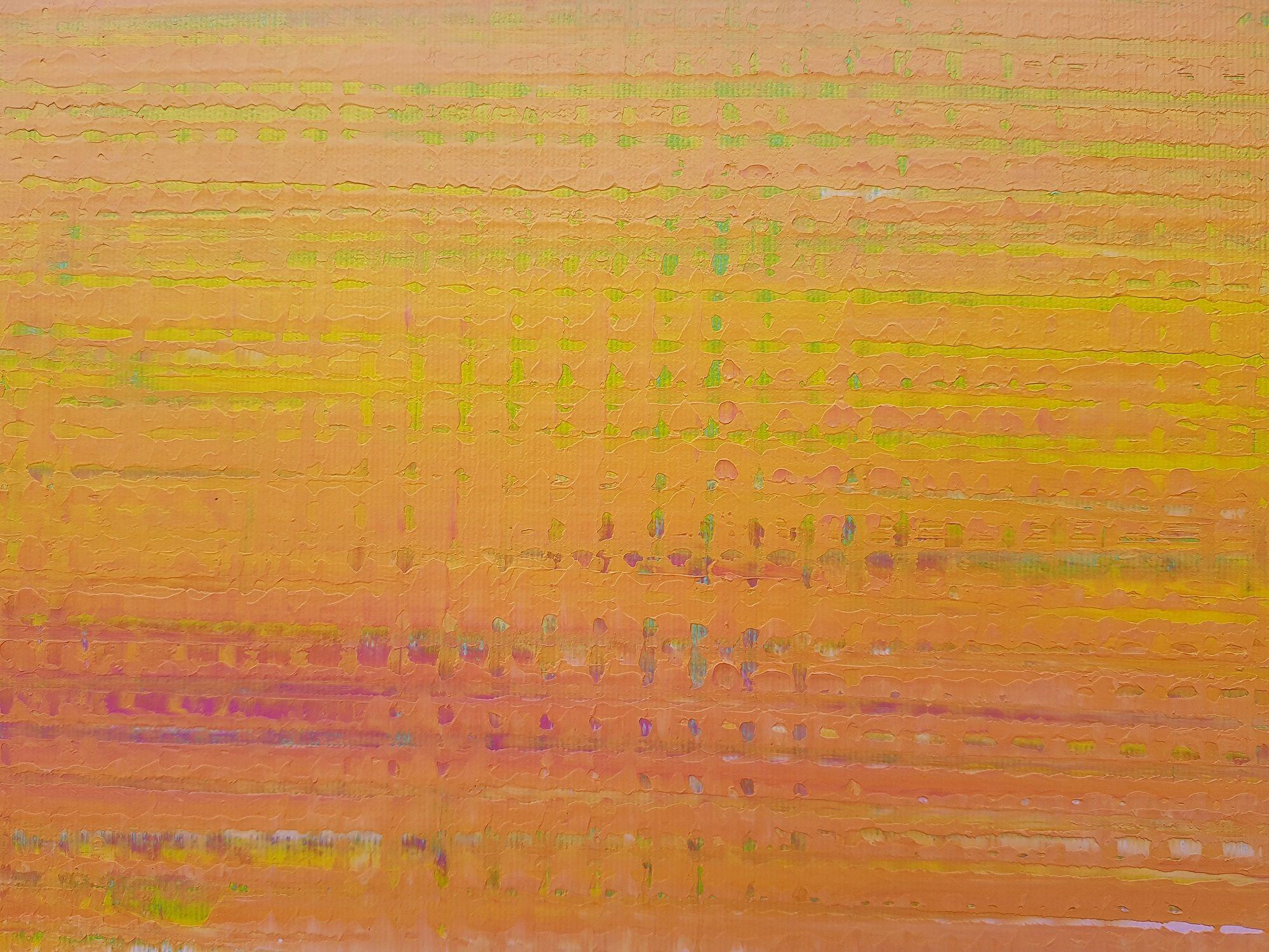 An original one-of-a-kind textured abstract painting.    Minimalistic yet powerful full of details    Shades of orange, yellow, and purple. thanks to the artist's signature techniques create a broken surface that allows the background colors to come