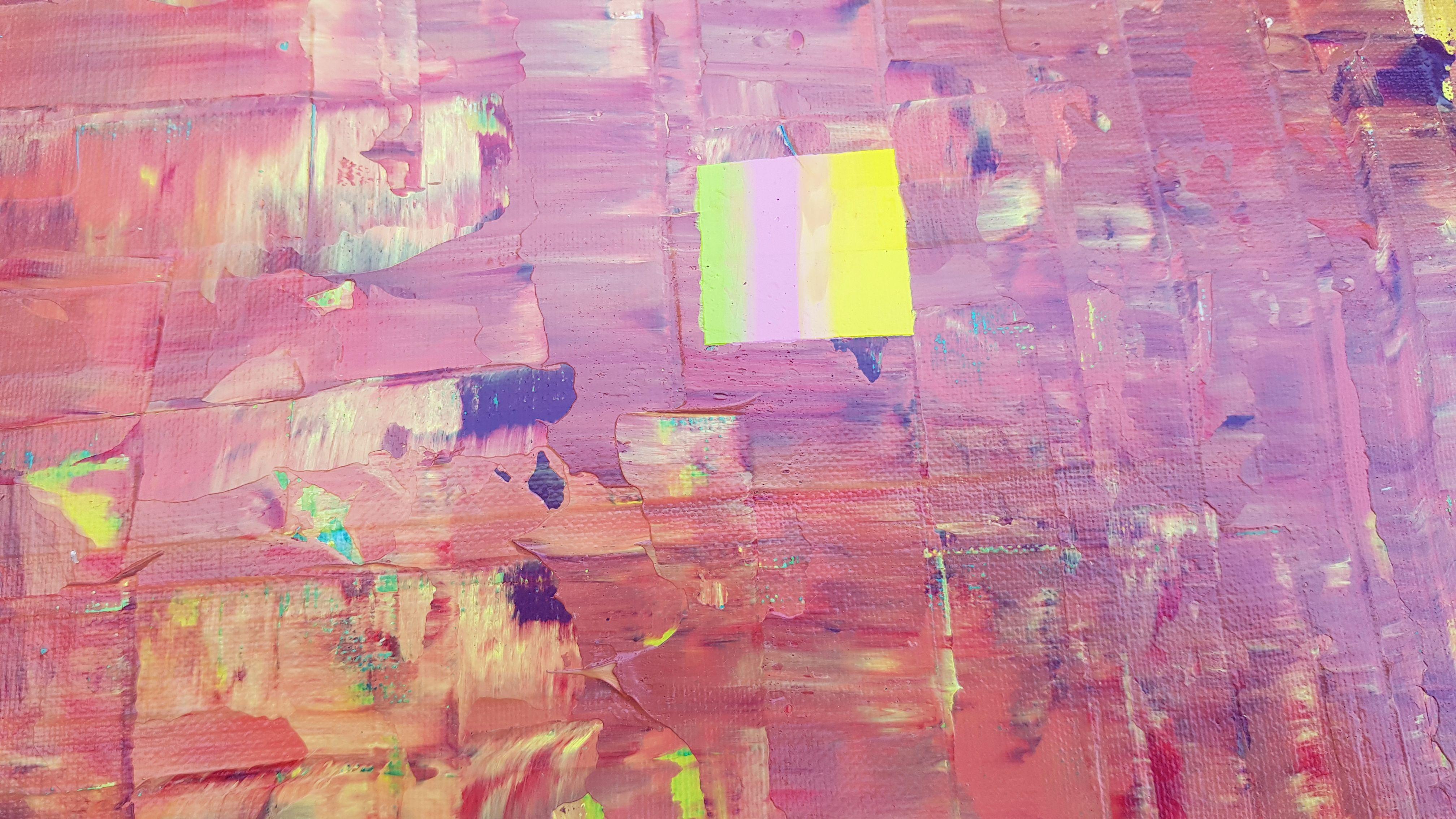 An abstract painting created with a palette knife.  The textured application of the paint adds depth and dimension to the painting, making it a focal point in the room.  The earthy tones in contrast with bright and vivid colors create a harmonious