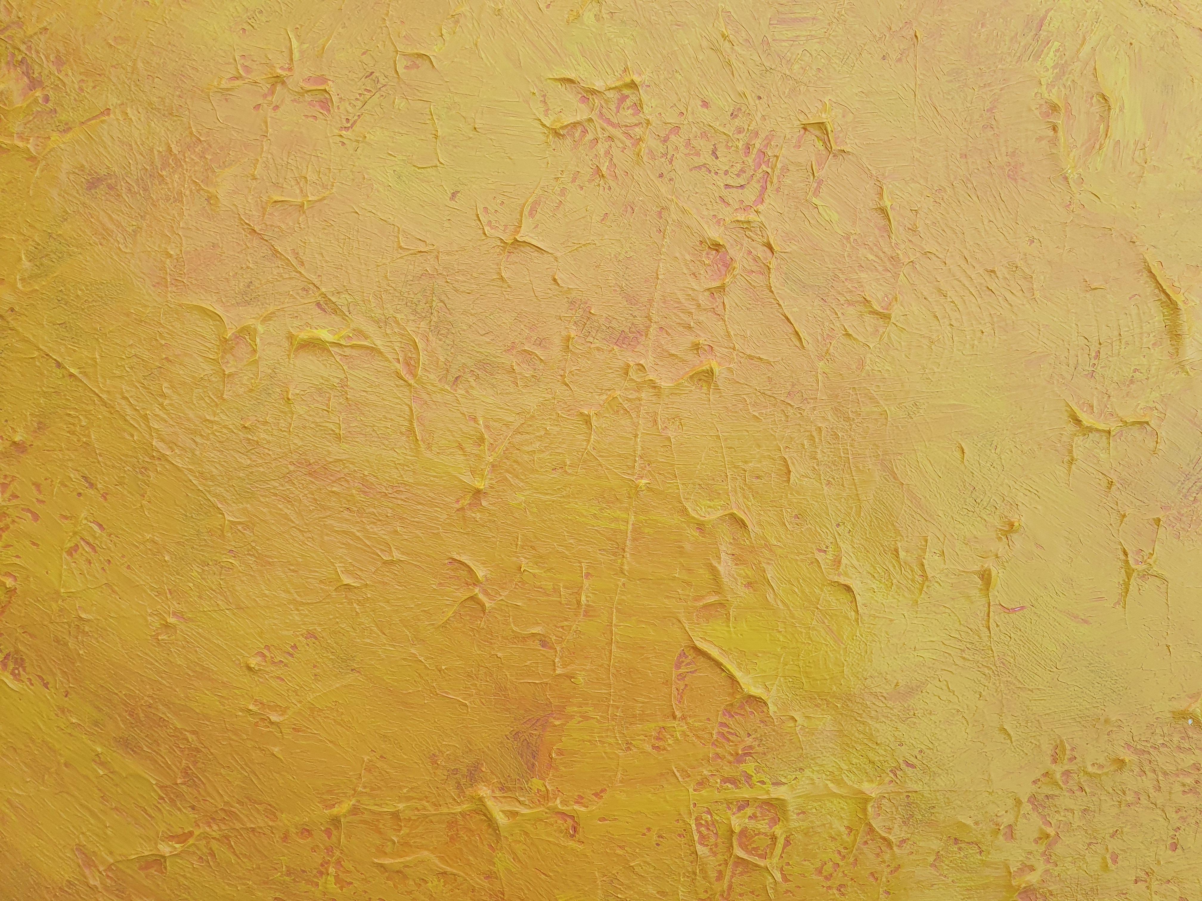 An original one-of-a-kind palette knife abstract painting with a heavy texture.    Minimalistic abstract with pulsing energy of the Sun. You can literally feel the heat from the painting.    Shades of yellow and orange.    Recognizable artist's