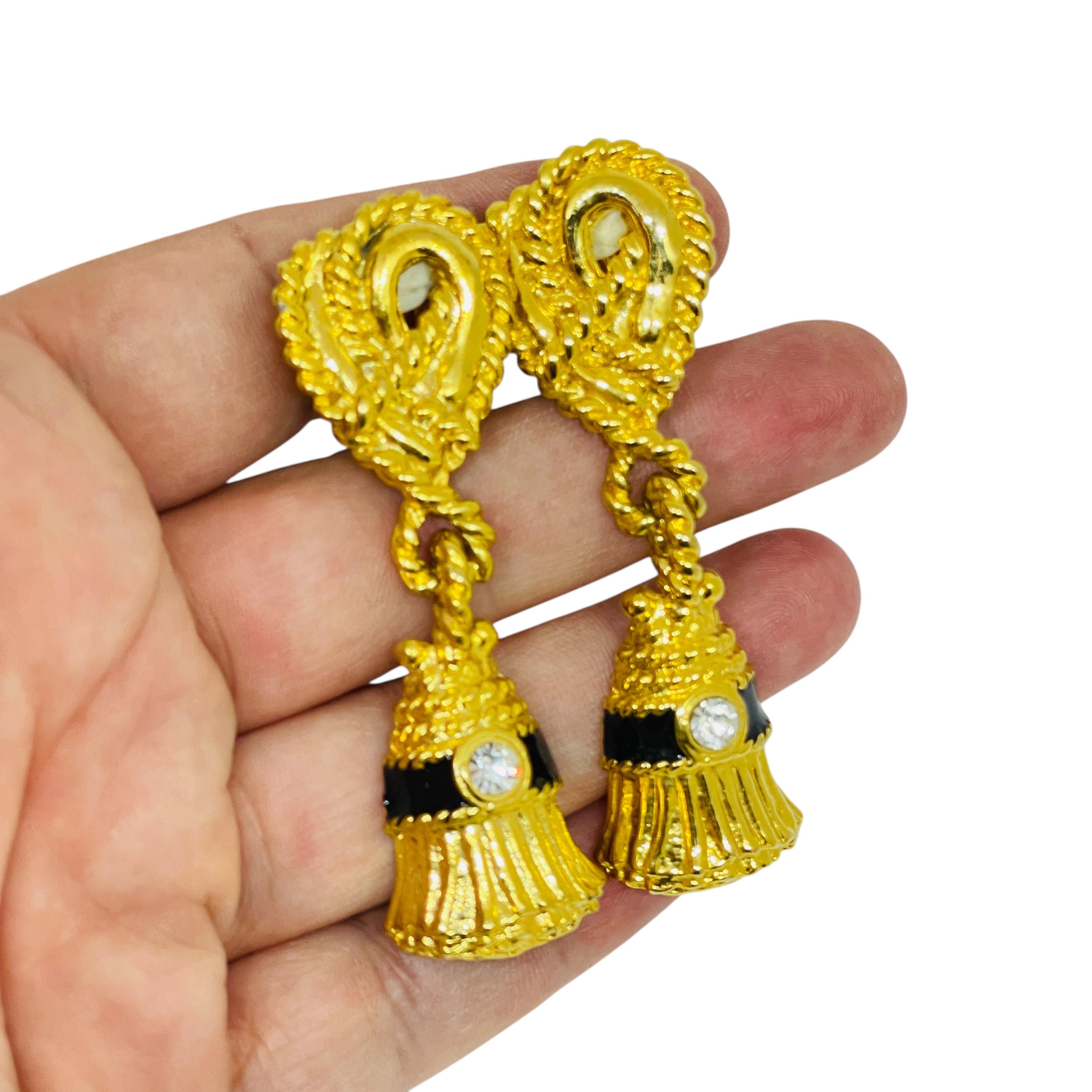 IVANA signiert Vintage Gold Ton Emaille Kristall baumeln Quaste Clip auf Ohrringe Damen im Angebot