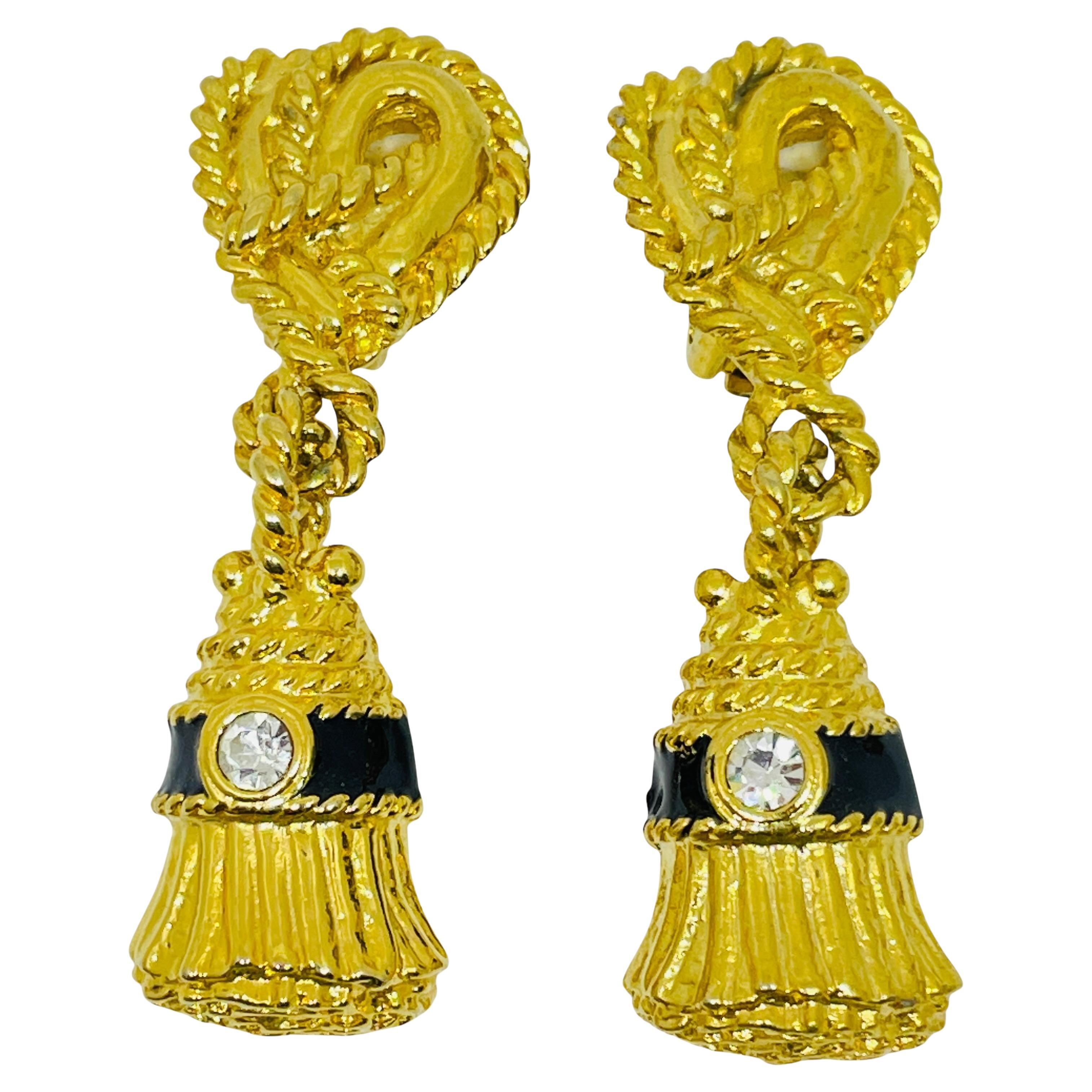 IVANA signiert Vintage Gold Ton Emaille Kristall baumeln Quaste Clip auf Ohrringe im Angebot