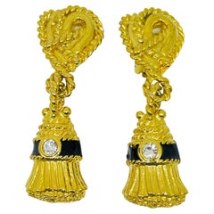 IVANA signiert Vintage Gold Ton Emaille Kristall baumeln Quaste Clip auf Ohrringe
