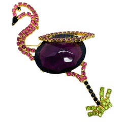 IVANA signed vintage gold tone glass flamingo figural designer brooch