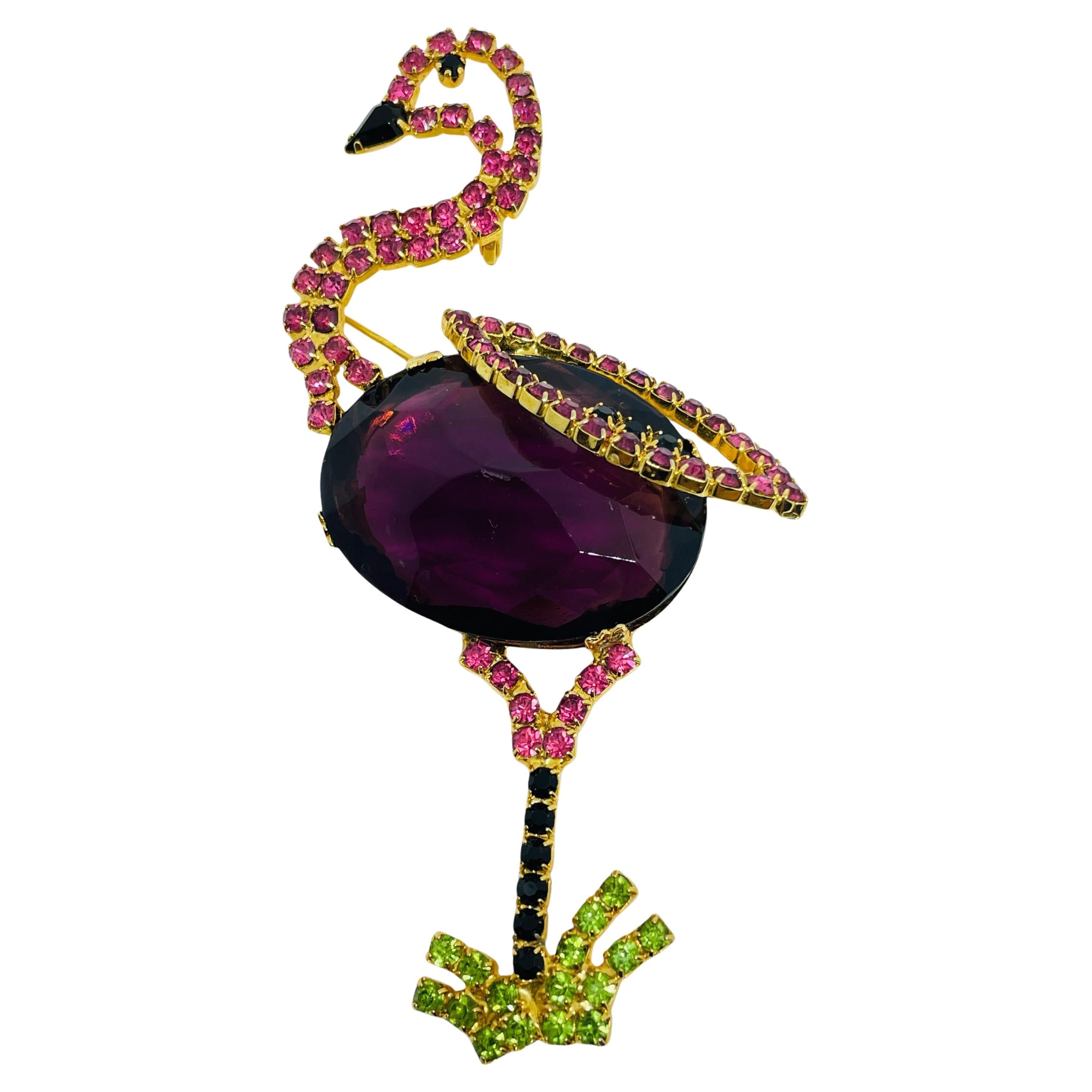 IVANA signiert Vintage Gold Ton Glas Flamingo figurale Designer Brosche
