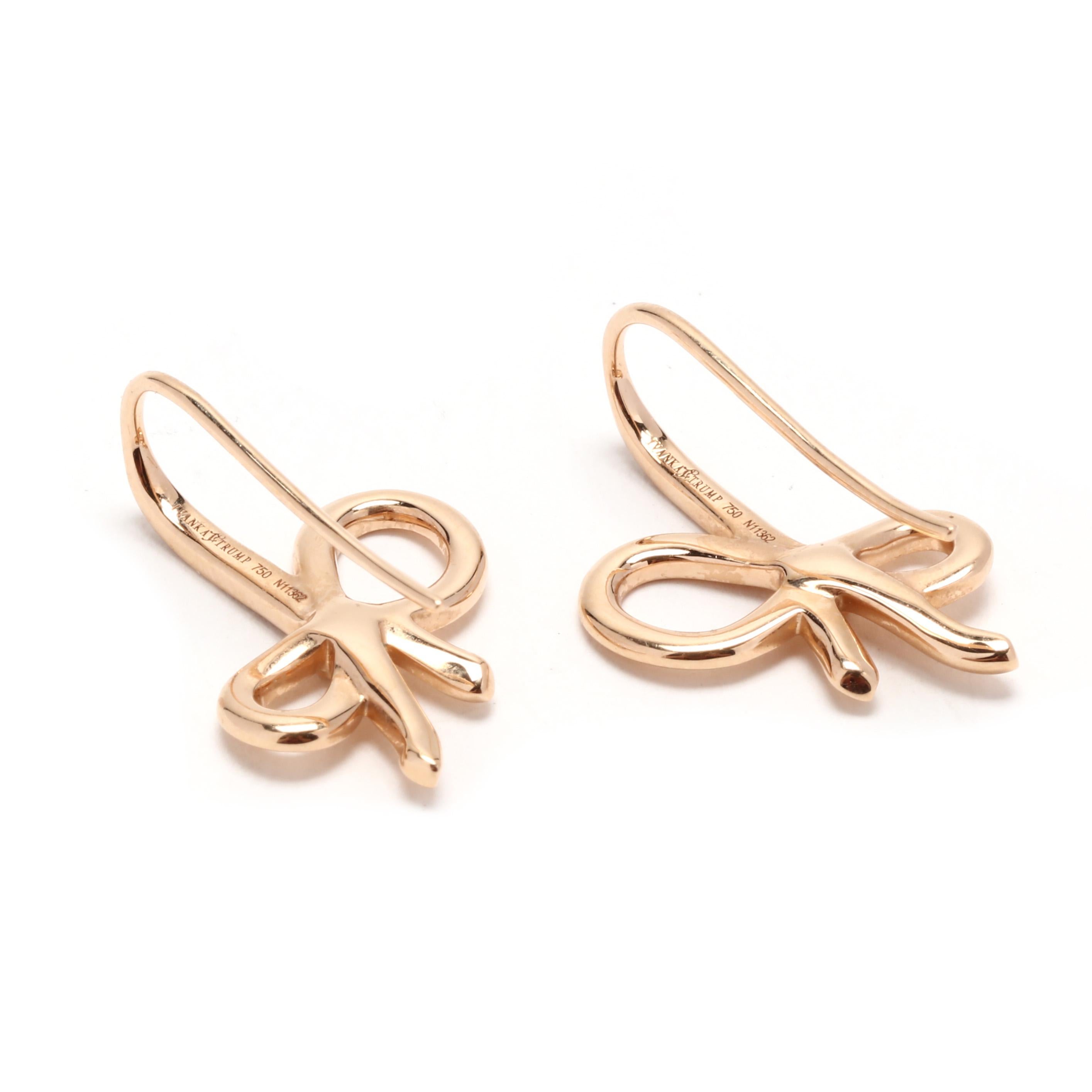 A pair of 18 karat rose gold diamond bow drop earrings by Ivanka Trump. These everyday earrings features a tilted bow motif set with round brilliant cut diamonds weighing approximately .10 total carats and with ear wires.

Stones: 
- diamonds
-