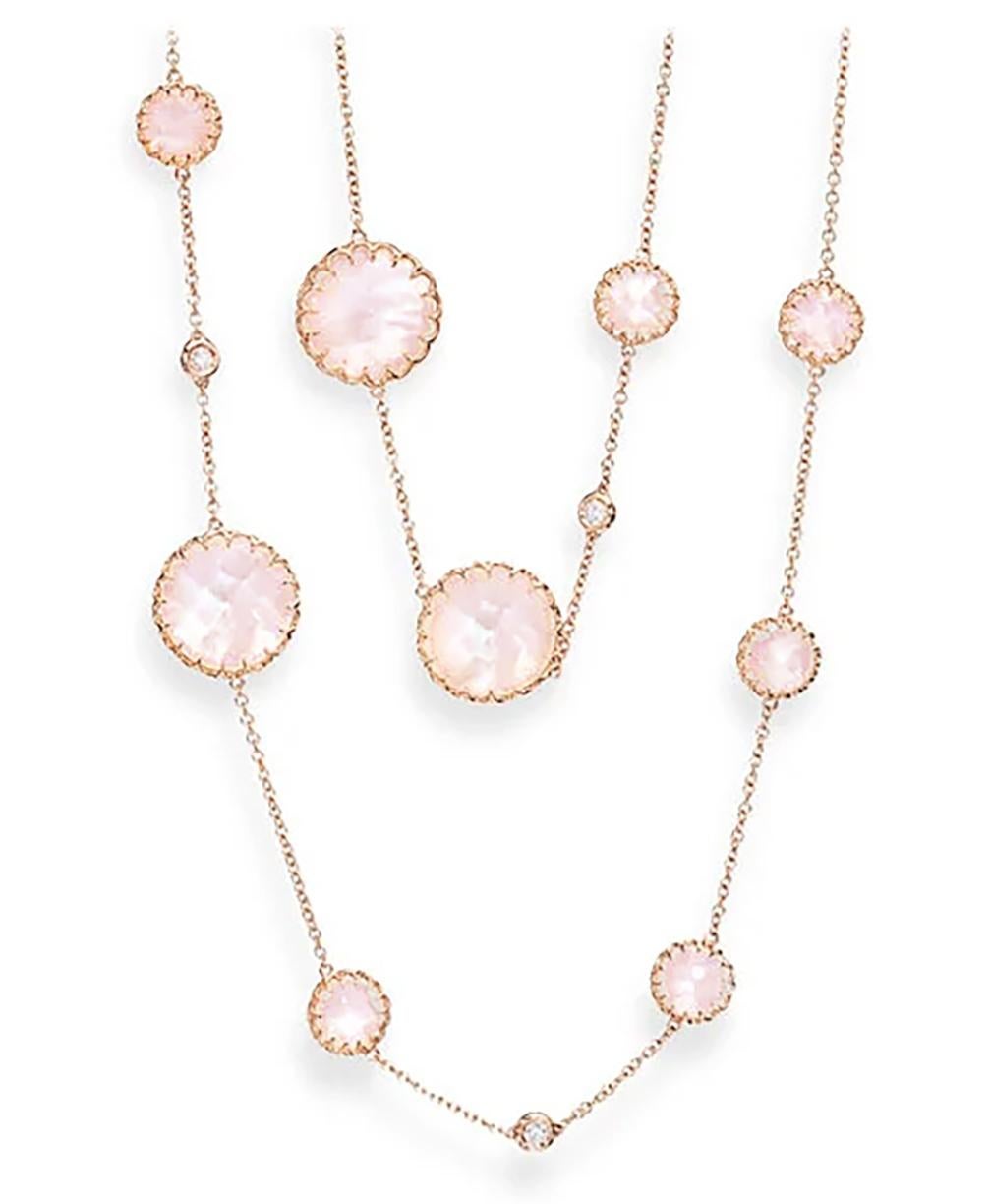 This elegant 36-inch Ivanka Trump station necklace features faceted rose crystal quartz and five sparkling diamonds totaling 1 carat, set in luxurious 18-karat rose gold. The delicate, diamonds-by-the-yard-inspired design brings a timeless