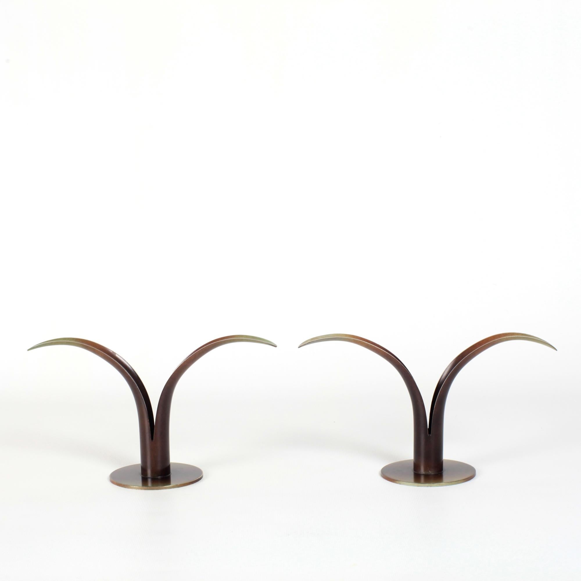 Swedish Ivar Ålenius Björk for Ystad Brons, Pair of Candle Holders in Patinated Brass