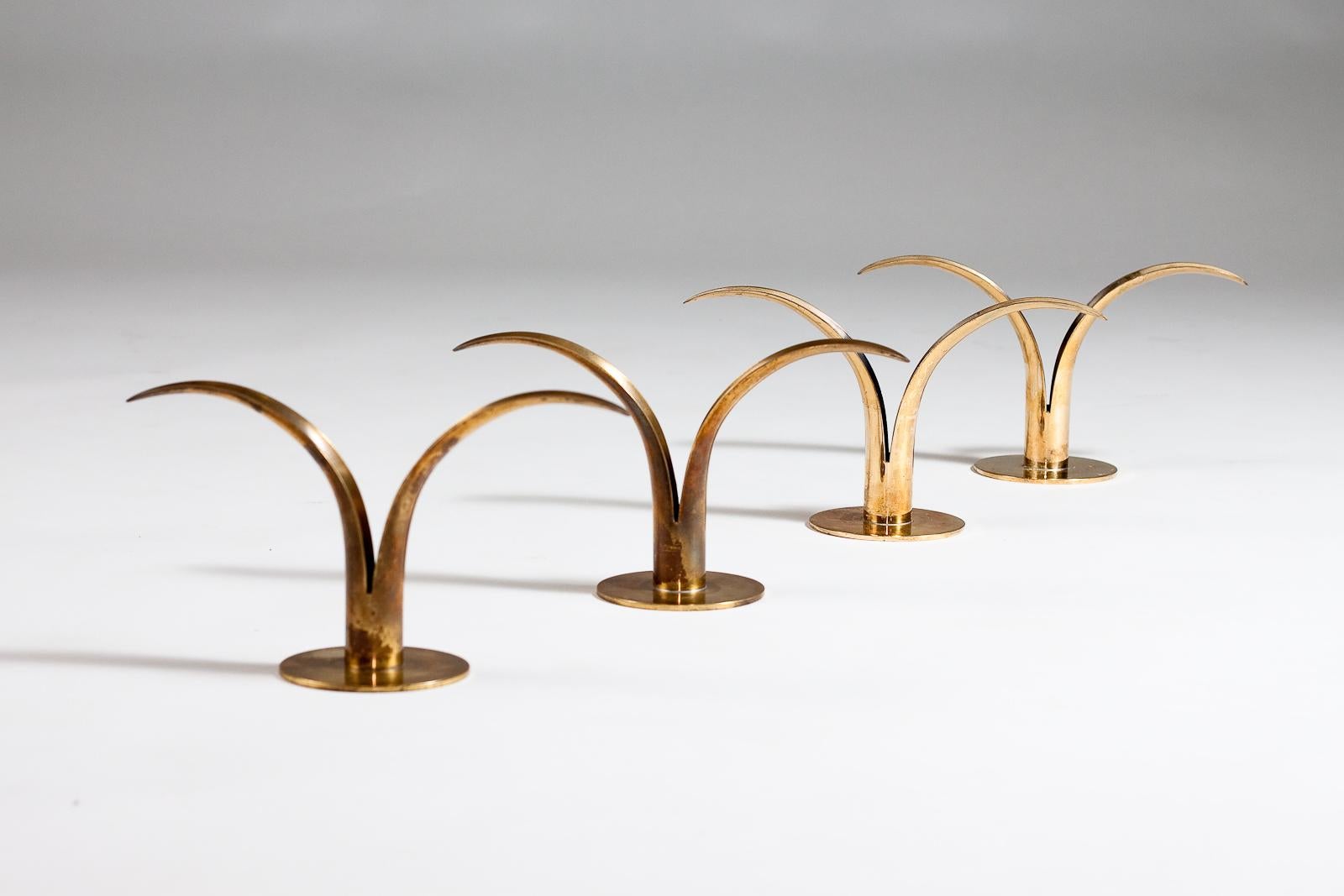 Ivar Ålenius Björk, set of 4 Liljan brass candlesticks, Ystad Metall, 1940's  For Sale 4