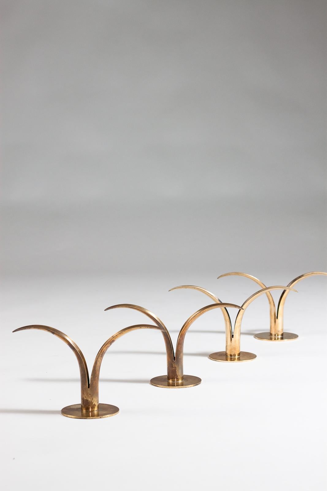 Ivar Ålenius Björk, set of 4 Liljan brass candlesticks, Ystad Metall, 1940's  For Sale 1