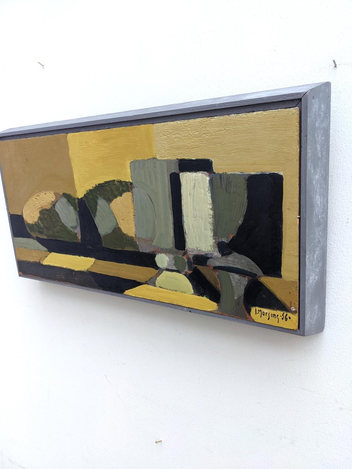 1956 Vintage Mid-Century Swedish Abstract Framed Oil Painting - Black & Yellow - Gray Abstract Painting by Ivar Morsing