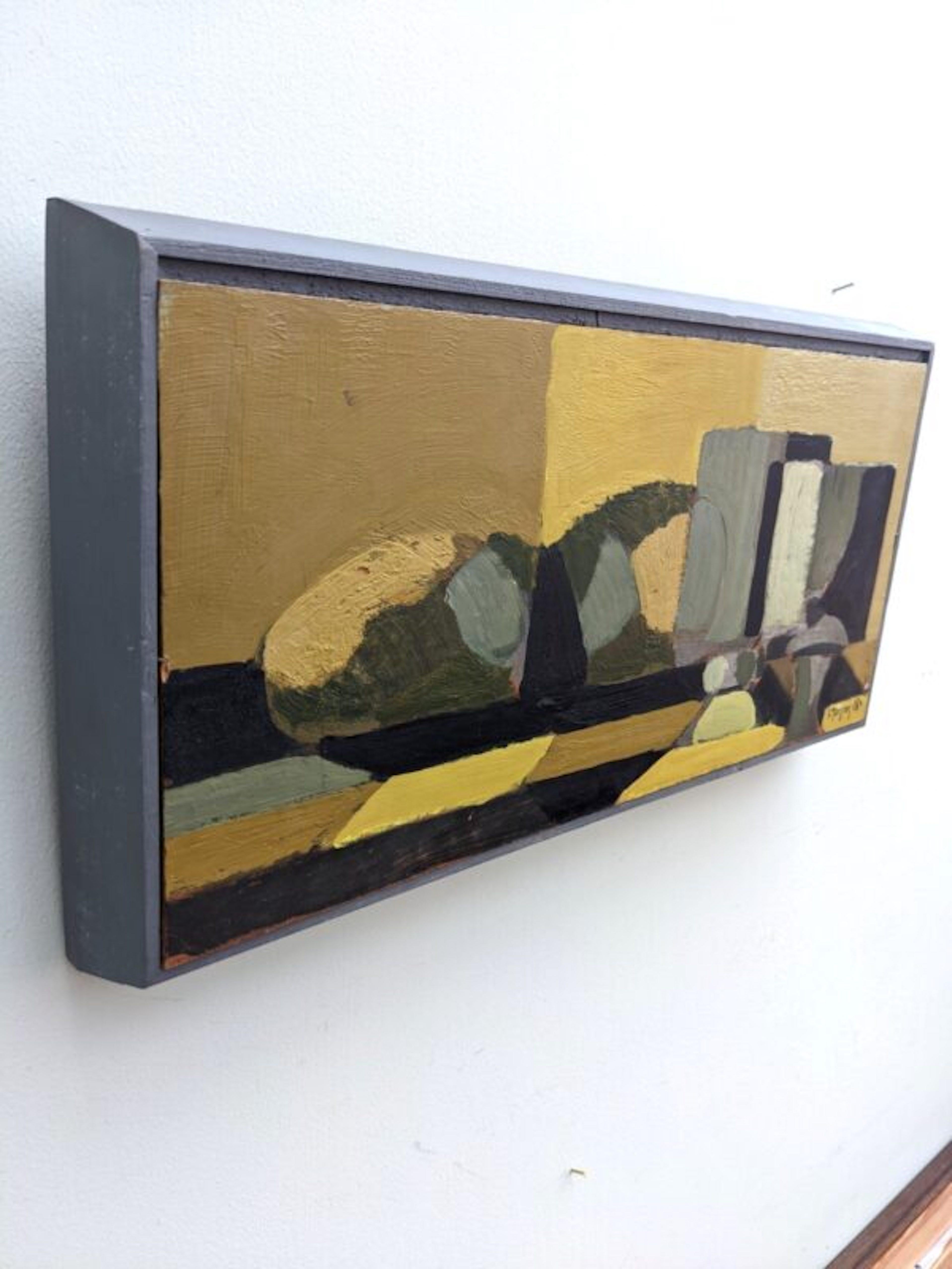 BLACK & YELLOW
Size: 24 x 46.5 cm (including frame)
Oil on Board

A small but brilliantly executed mid century abstract still life in oil, by Swedish artist Ivar Morsing, painted in 1956. A bold and vivid palette of black, yellow and green give this