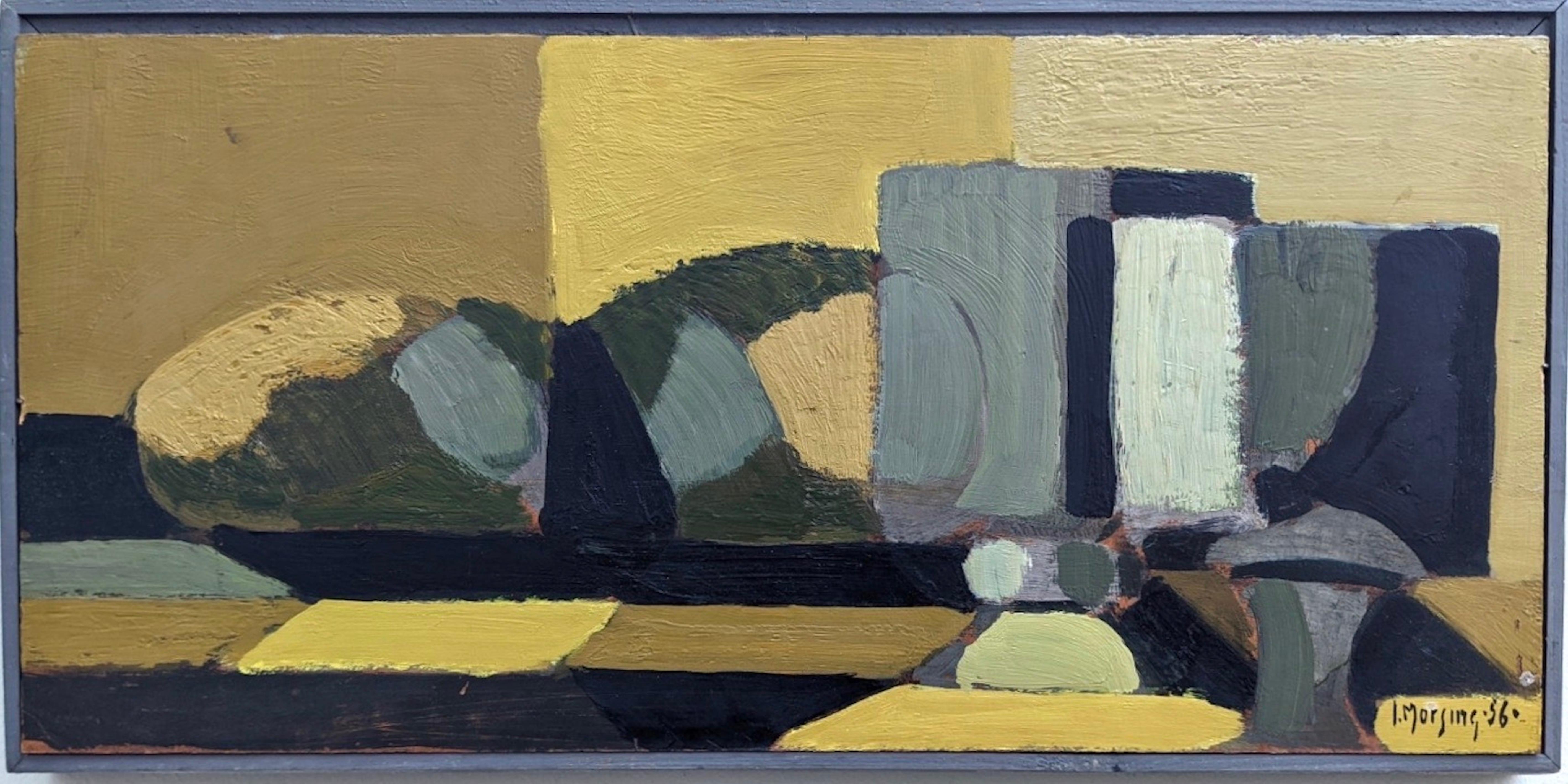 Ivar Morsing Abstract Painting - 1956 Vintage Mid-Century Swedish Abstract Framed Oil Painting - Black & Yellow