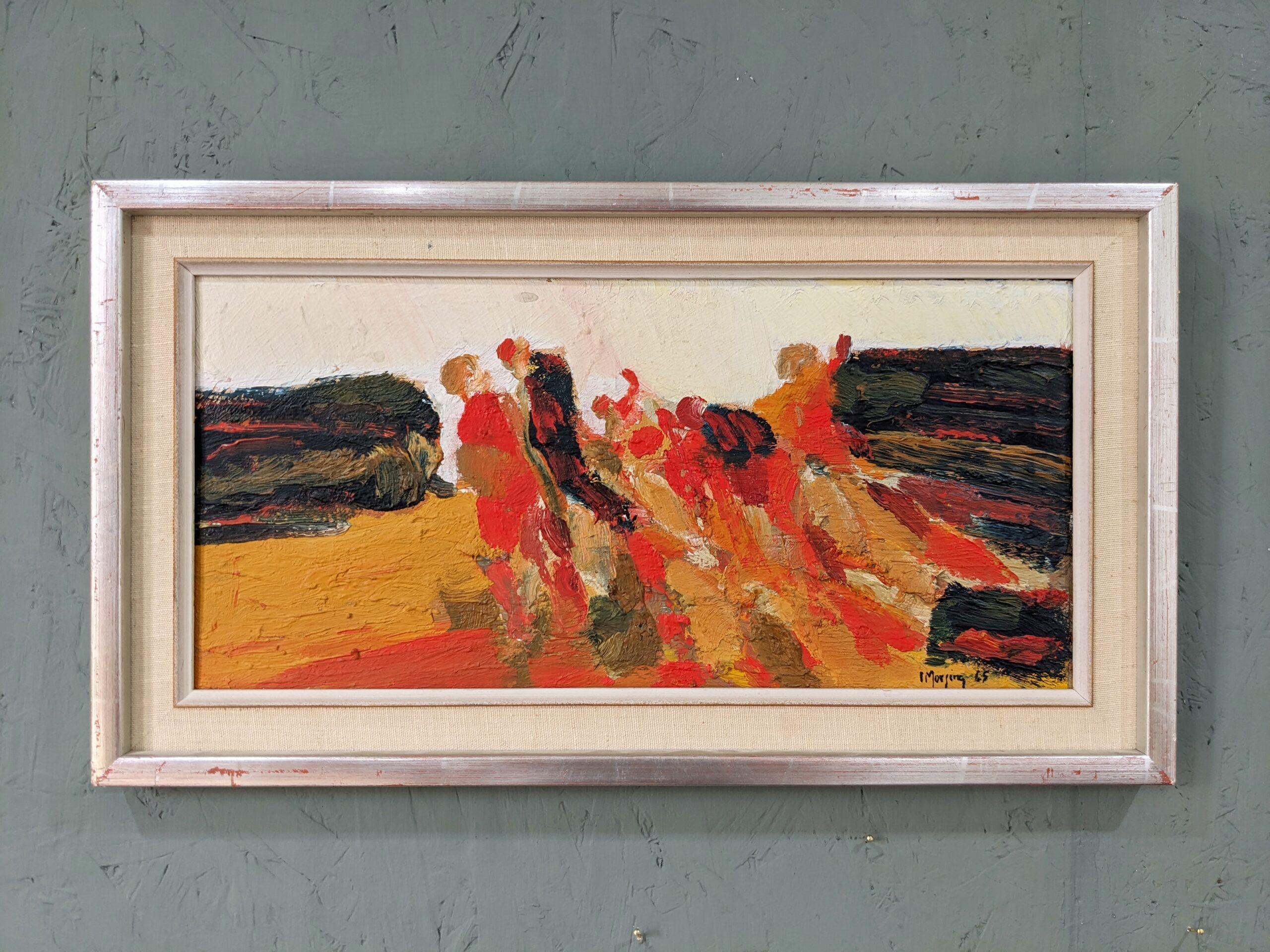 CONNECTION
Size: 26 x 47 cm (including frame)
Oil on board

A brilliantly executed and beautifully textured abstract figurative oil composition, painted in 1965 by the established Swedish artist Ivar Morsing (1919-2009), whose works have been