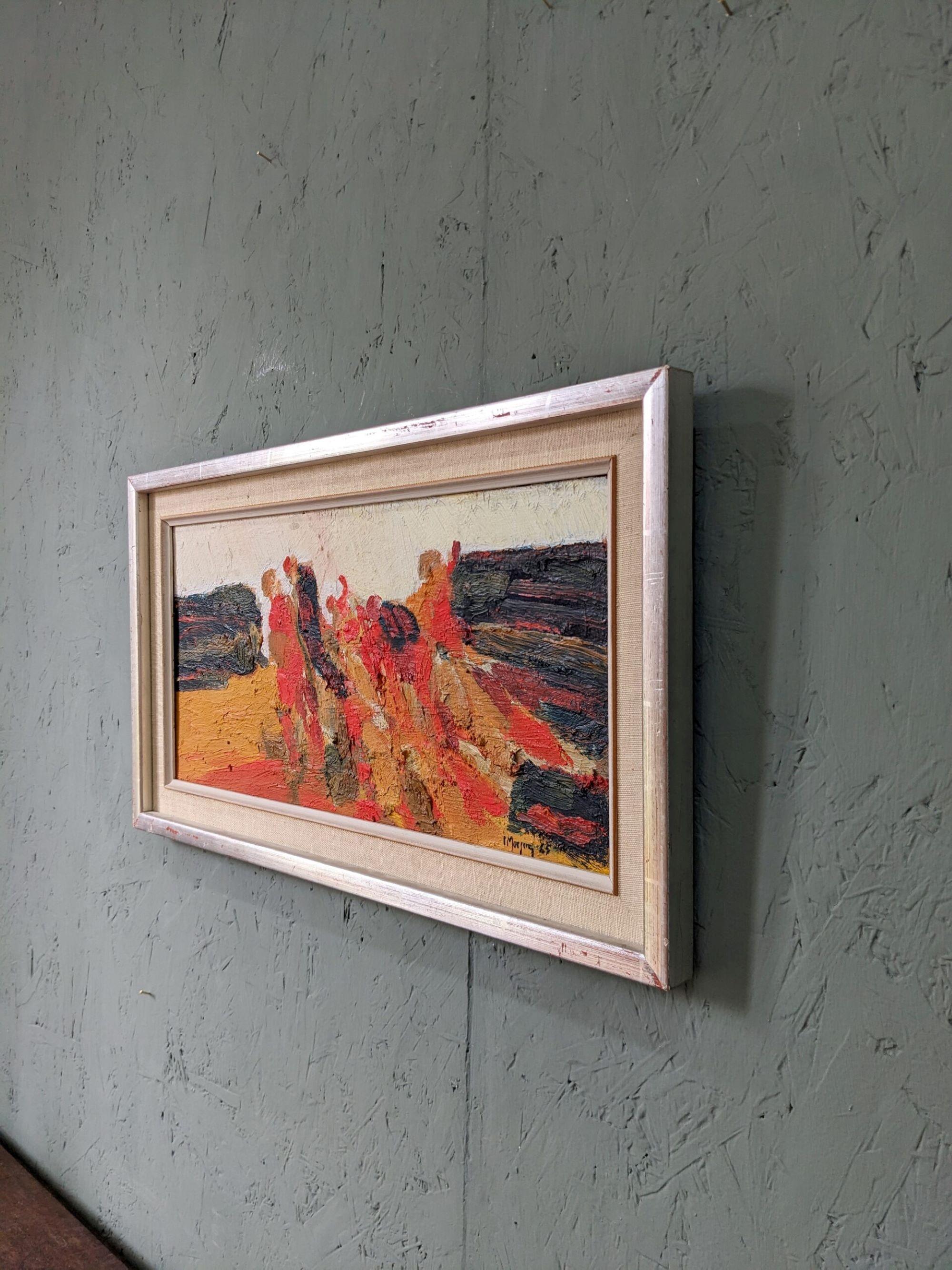 CONNECTION
Size: 26 x 47 cm (including frame)
Oil on board

A brilliantly executed and beautifully textured abstract figurative oil composition, painted in 1965 by the established Swedish artist Ivar Morsing (1919-2009), whose works have been