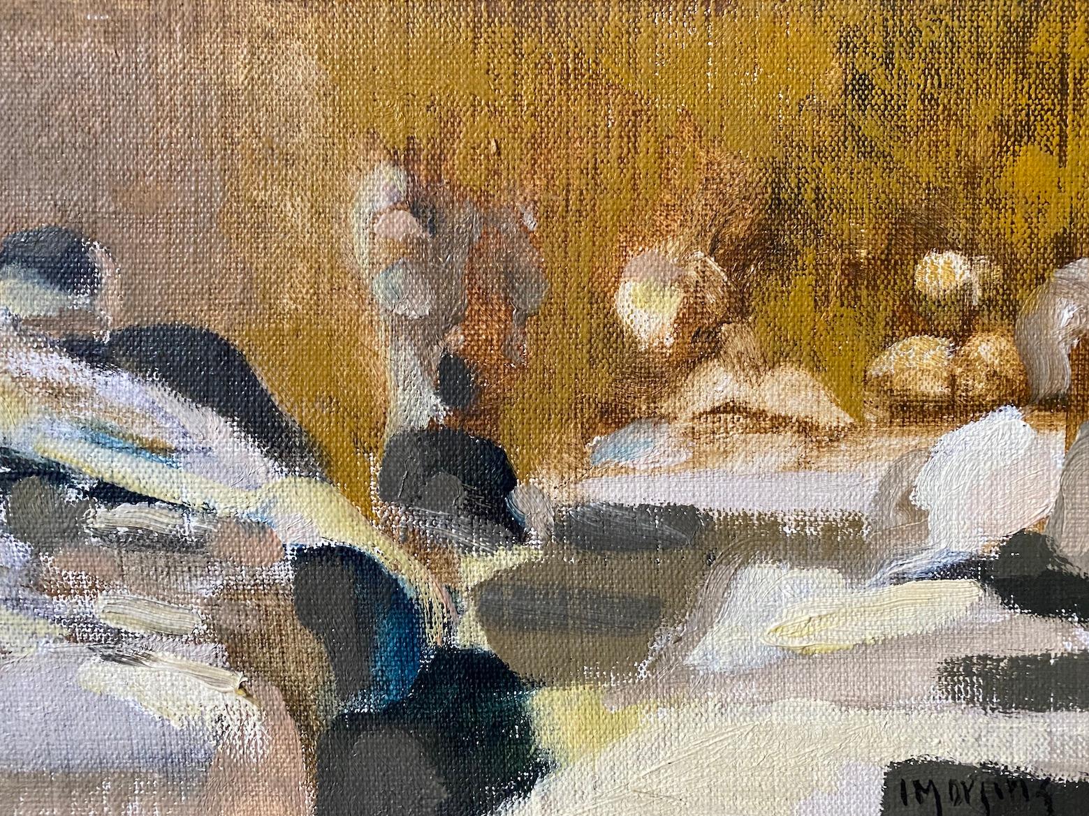 GATHER
Size: 26 x 44 cm (including frame)
Oil on Board

A brilliantly executed and elegant mid century painting by Swedish artist Ivar Morsing, executed in oil onto board.

Painted in a semi-abstract manner, the artist has left out realistic detail
