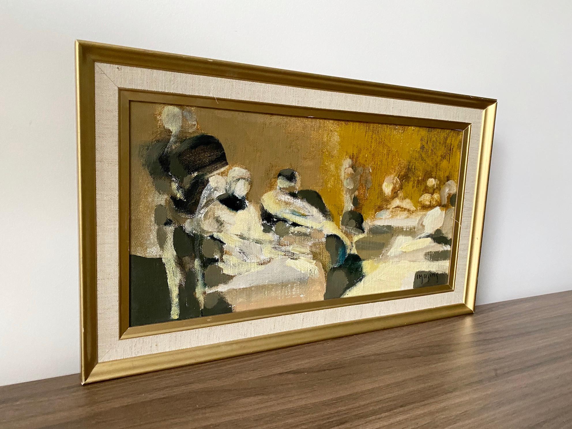 Vintage Mid-Century Swedish Abstract Figure Framed Oil Painting - Gather 1