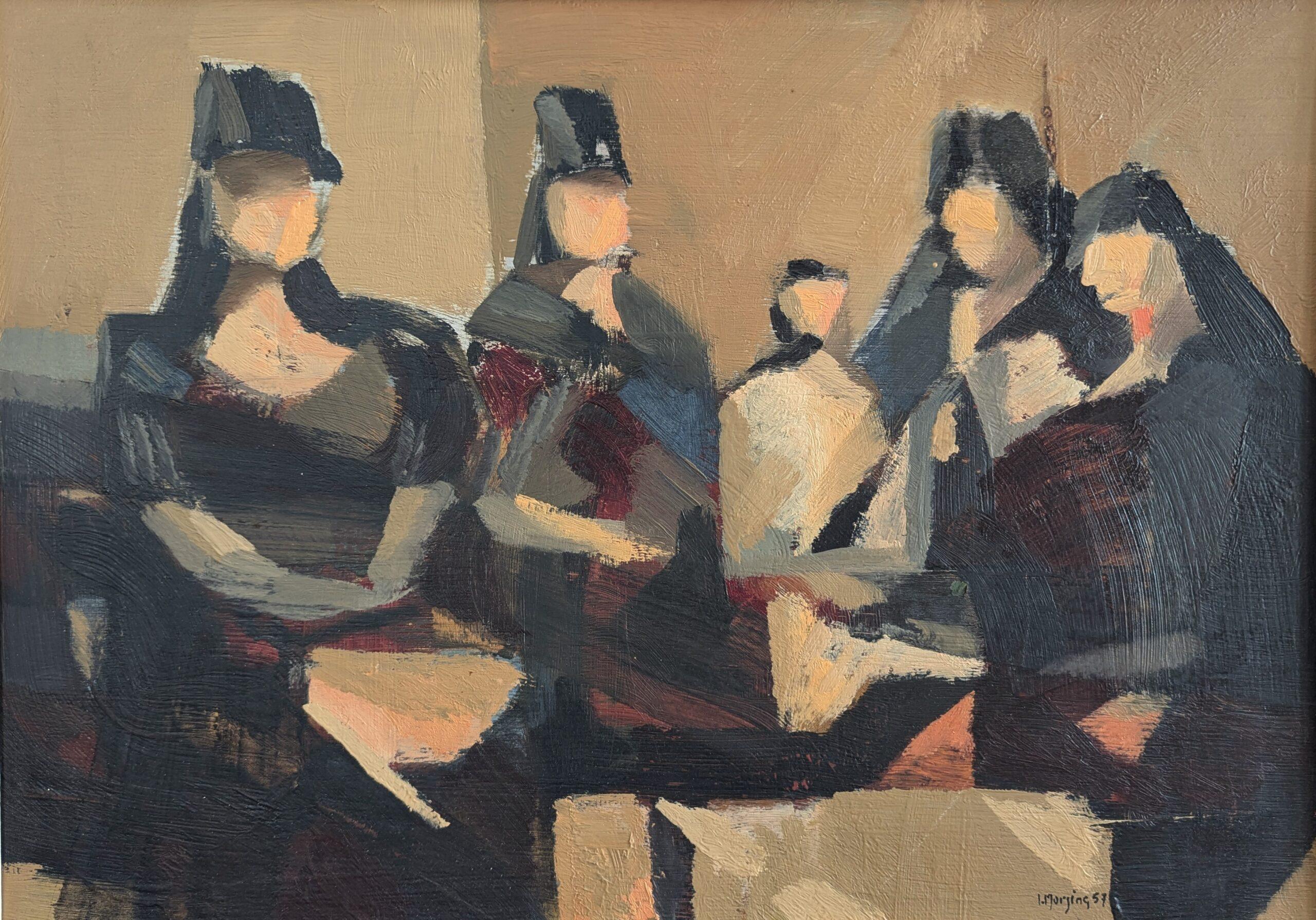 1957 Vintage Modernist Abstract Figurative Framed Oil Painting- Senoritas For Sale 7