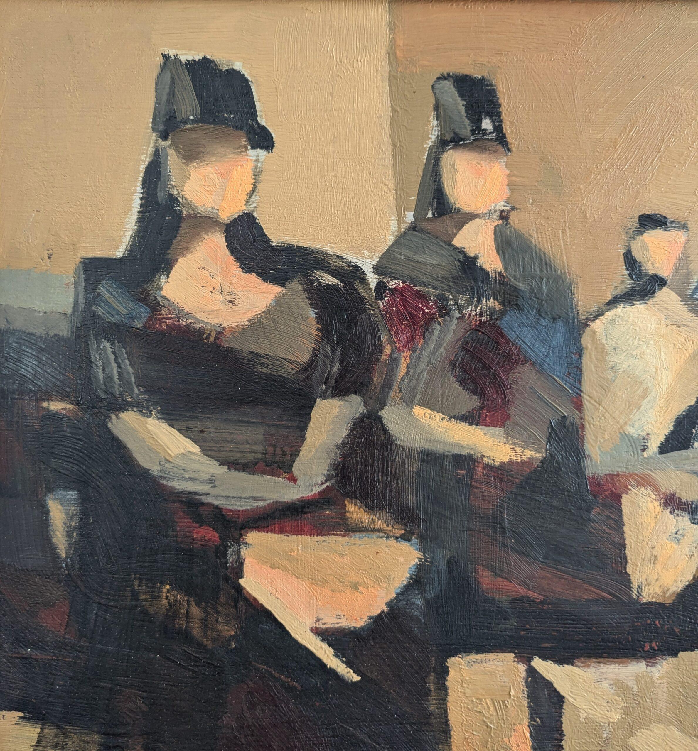 1957 Vintage Modernist Abstract Figurative Framed Oil Painting- Senoritas For Sale 8
