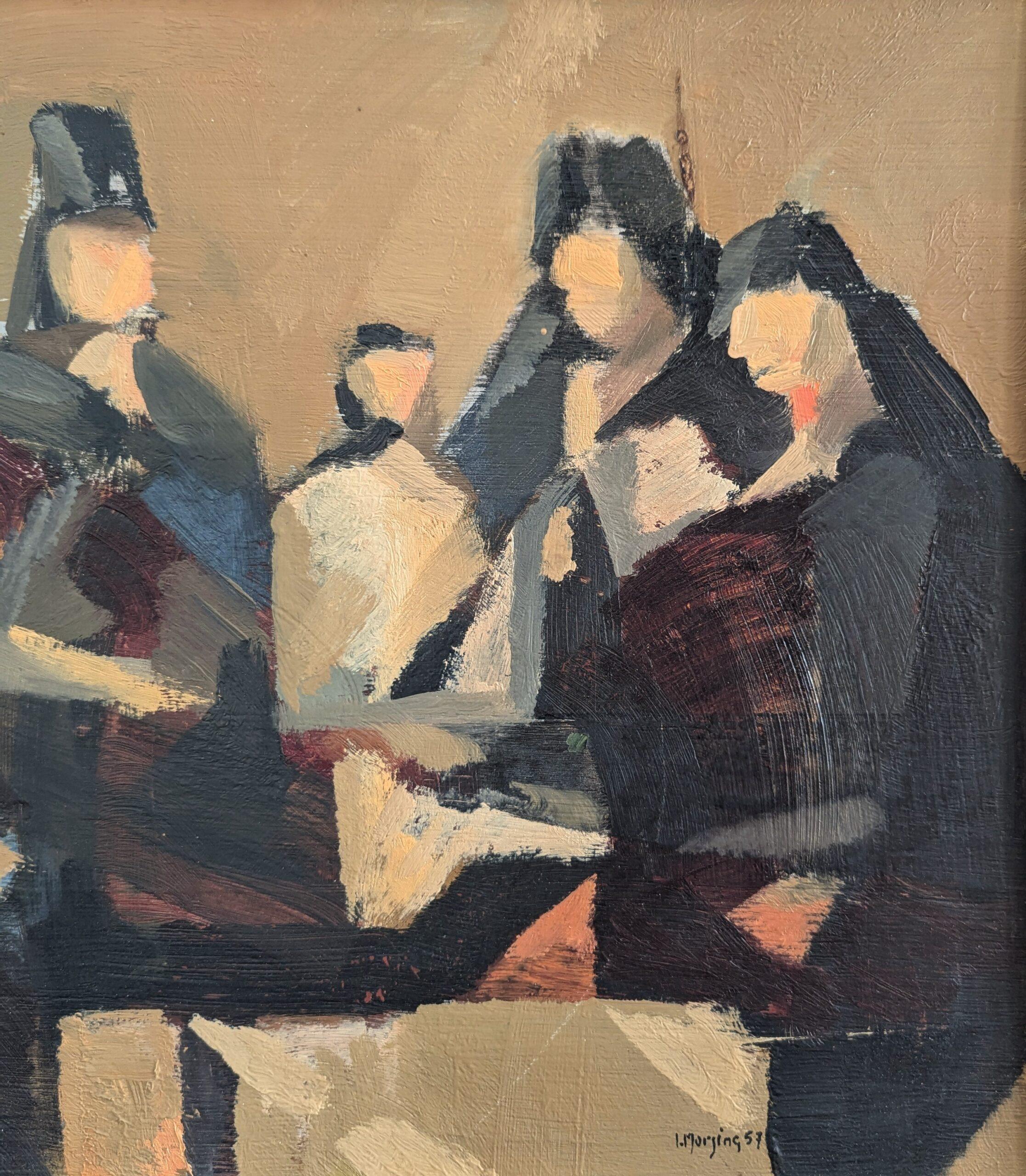 1957 Vintage Modernist Abstract Figurative Framed Oil Painting- Senoritas For Sale 9