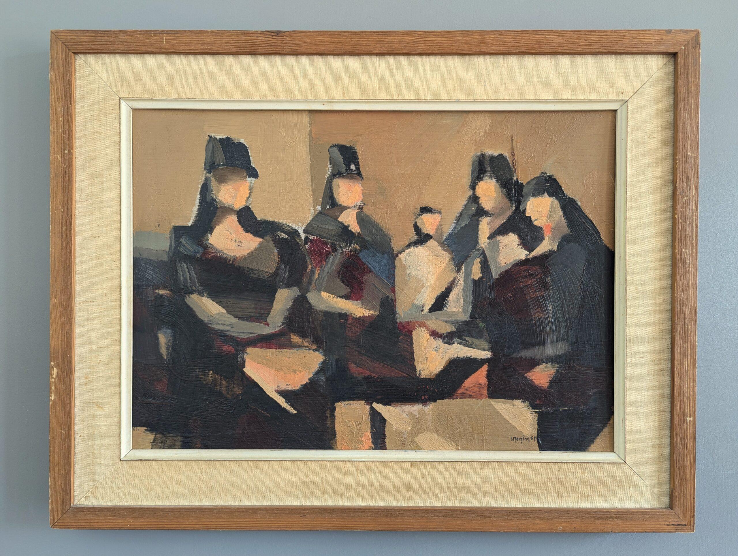 1957 Vintage Modernist Abstract Figurative Framed Oil Painting- Senoritas - Brown Abstract Painting by  Ivar Morsing