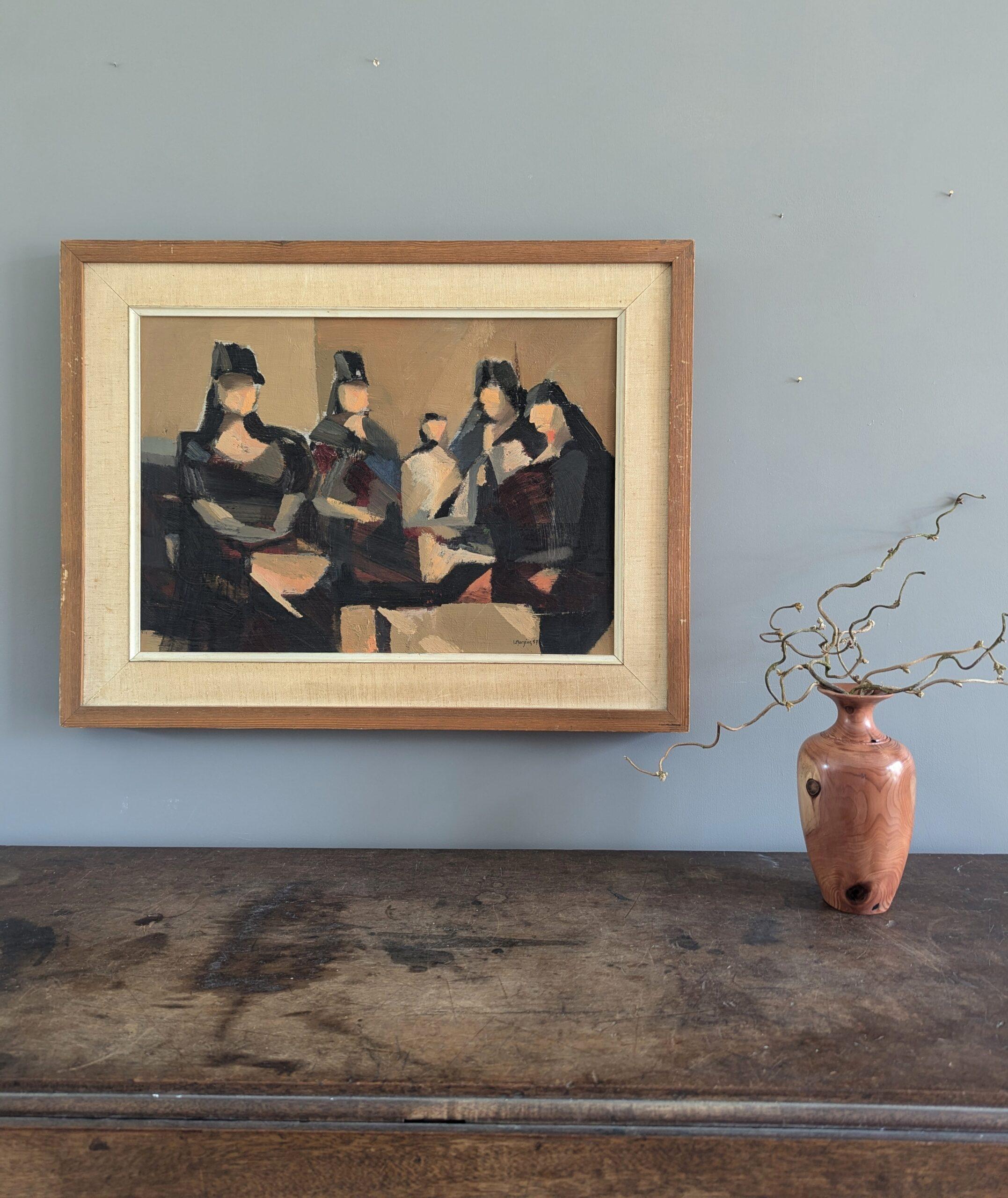SENORITAS
Size: 48 x 62 cm (including frame)
Oil on Board

An outstanding semi-abstract figurative oil composition, painted in 1957 by the established Swedish artist Ivar Morsing (1919-2009), whose works have been exhibited in public collections