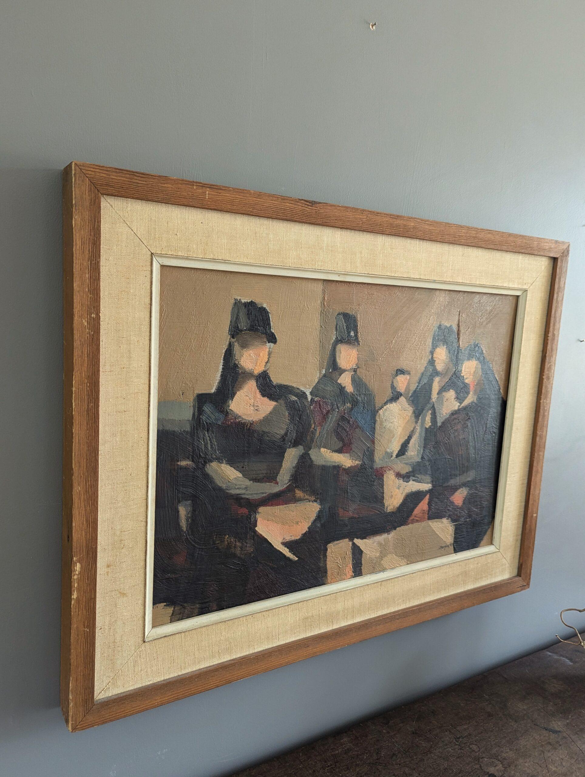 1957 Vintage Modernist Abstract Figurative Framed Oil Painting- Senoritas For Sale 1