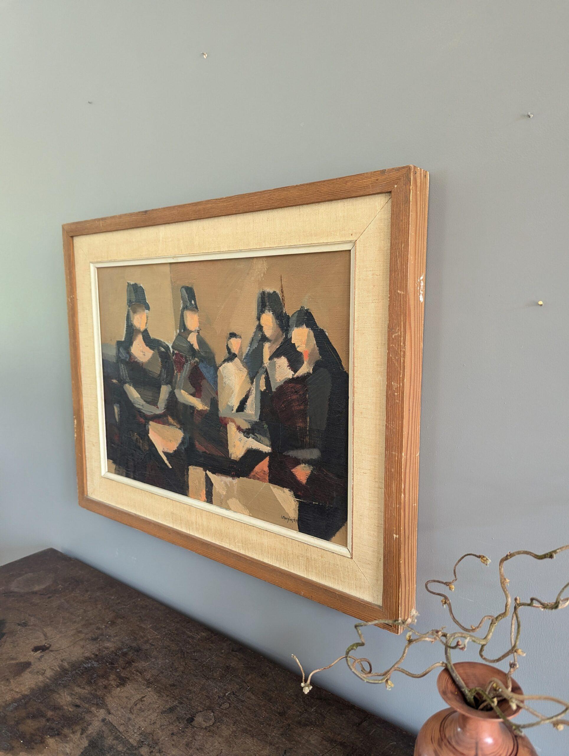 1957 Vintage Modernist Abstract Figurative Framed Oil Painting- Senoritas For Sale 2