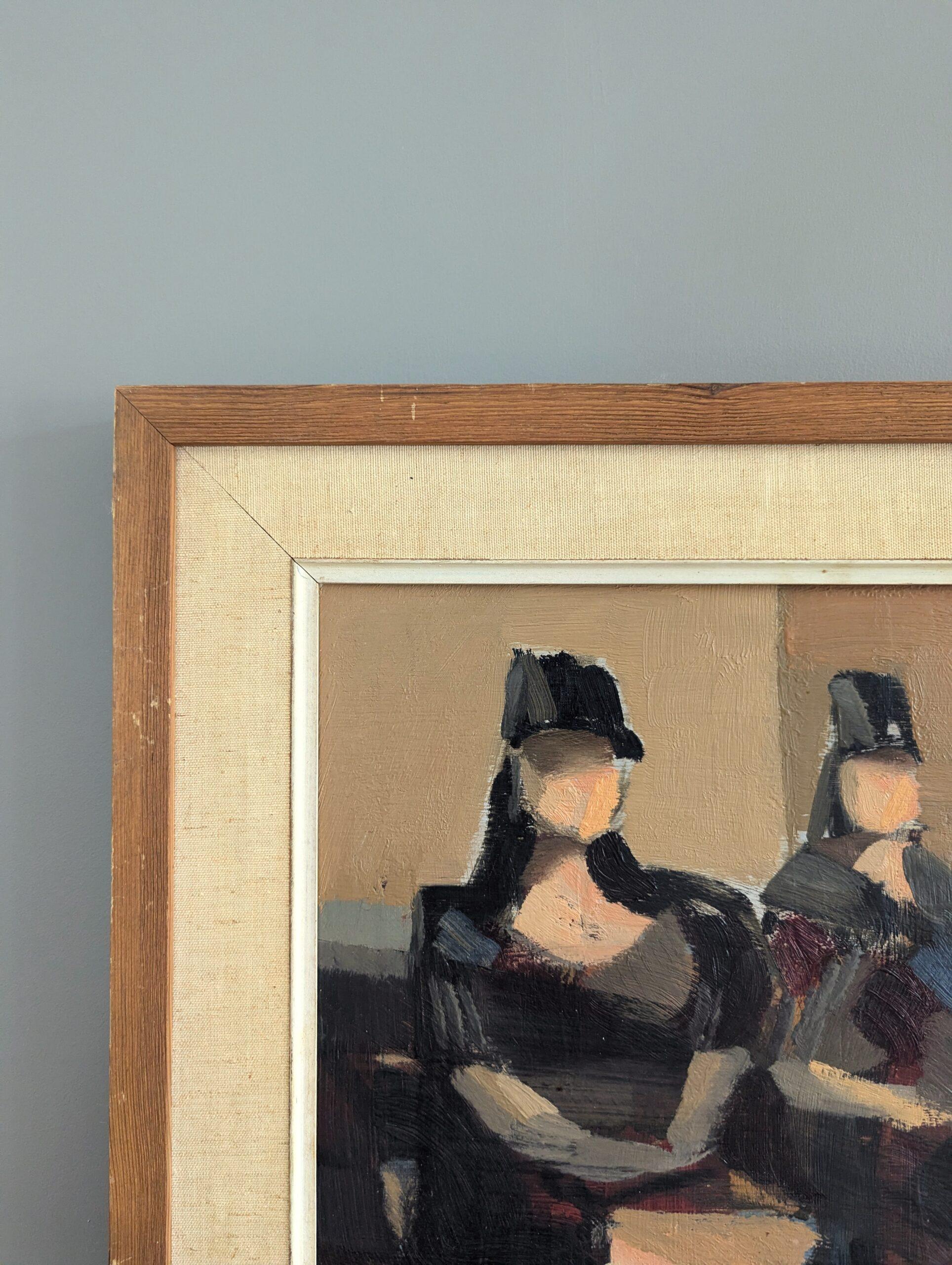 1957 Vintage Modernist Abstract Figurative Framed Oil Painting- Senoritas For Sale 3